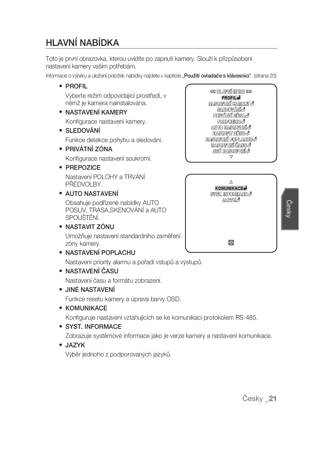 Samsung SCC-C7439P manual Hlavní nabídka 