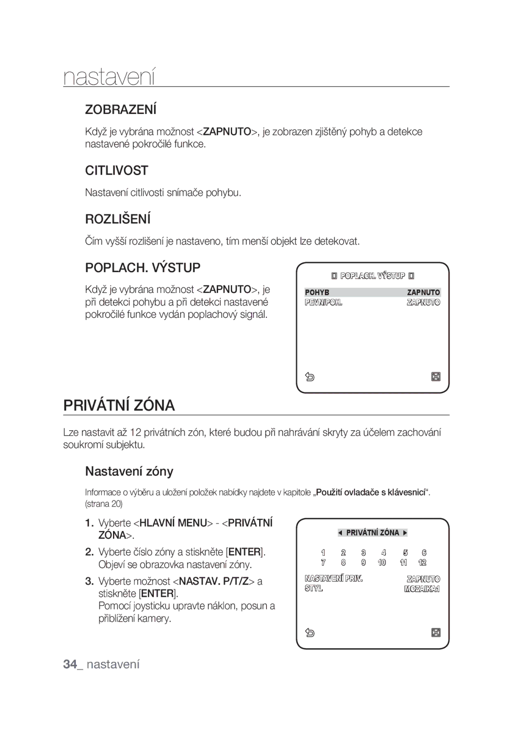 Samsung SCC-C7439P manual Privátní Zóna, Zobrazení, Citlivost, Rozlišení, POPLACH. Výstup 