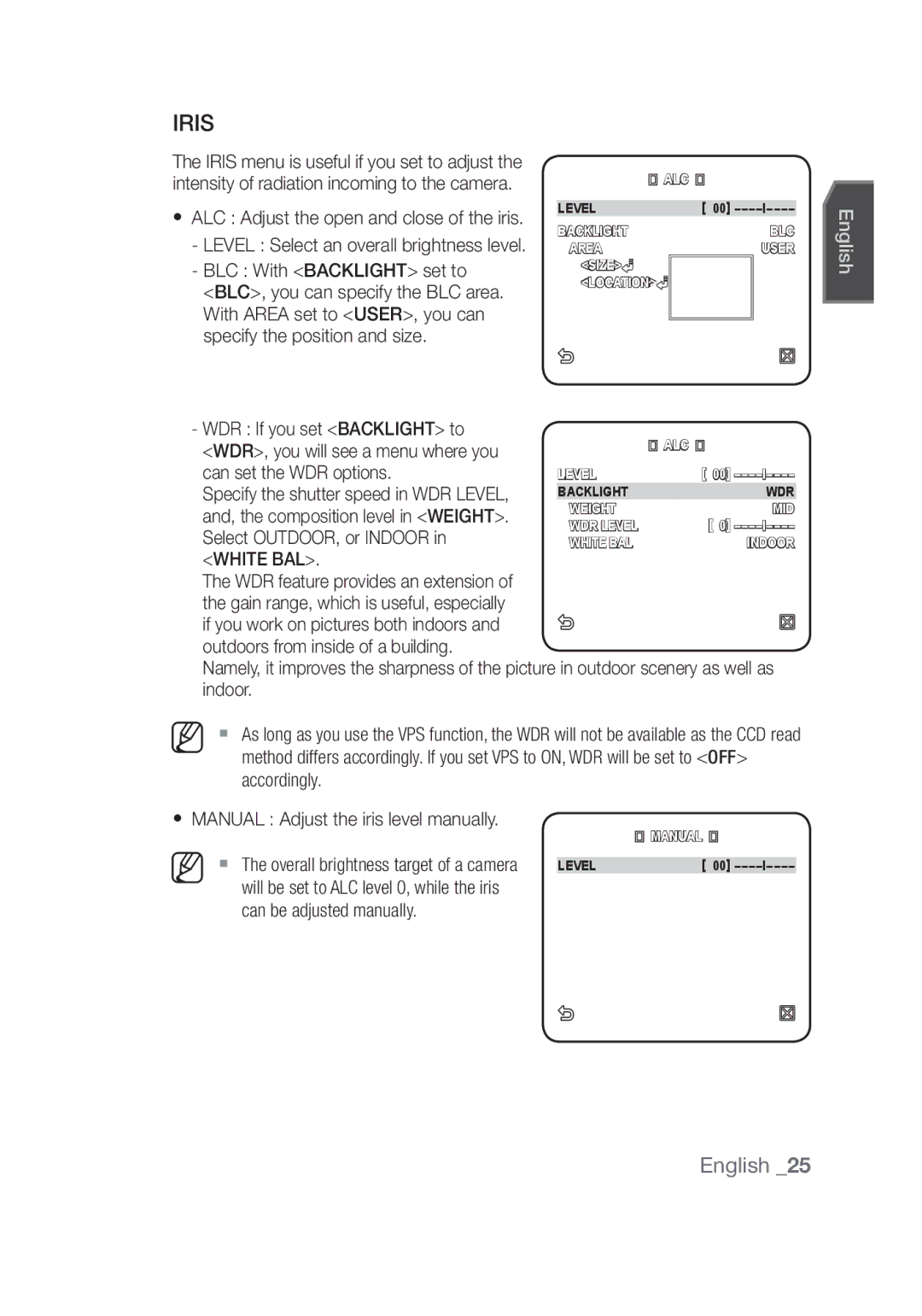 Samsung SCC-C7439P manual Iris, WDR If you set Backlight to, WDR, you will see a menu where you Can set the WDR options 