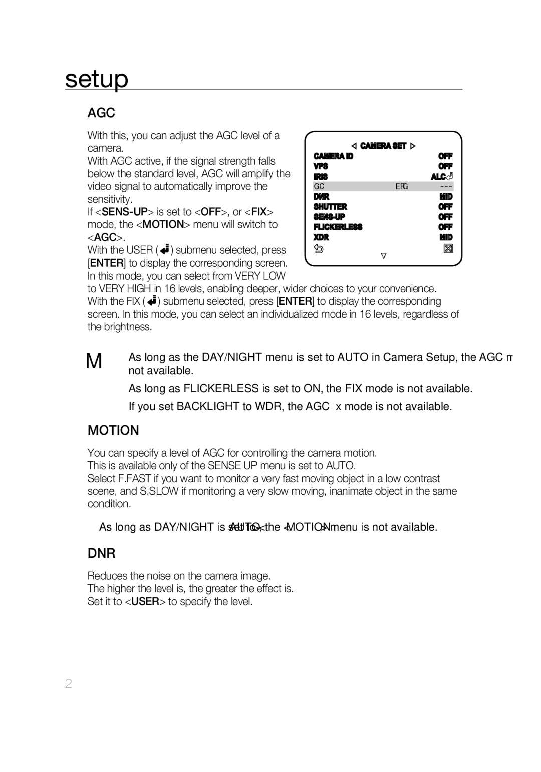 Samsung SCC-C7439P manual Agc, Motion, Dnr 