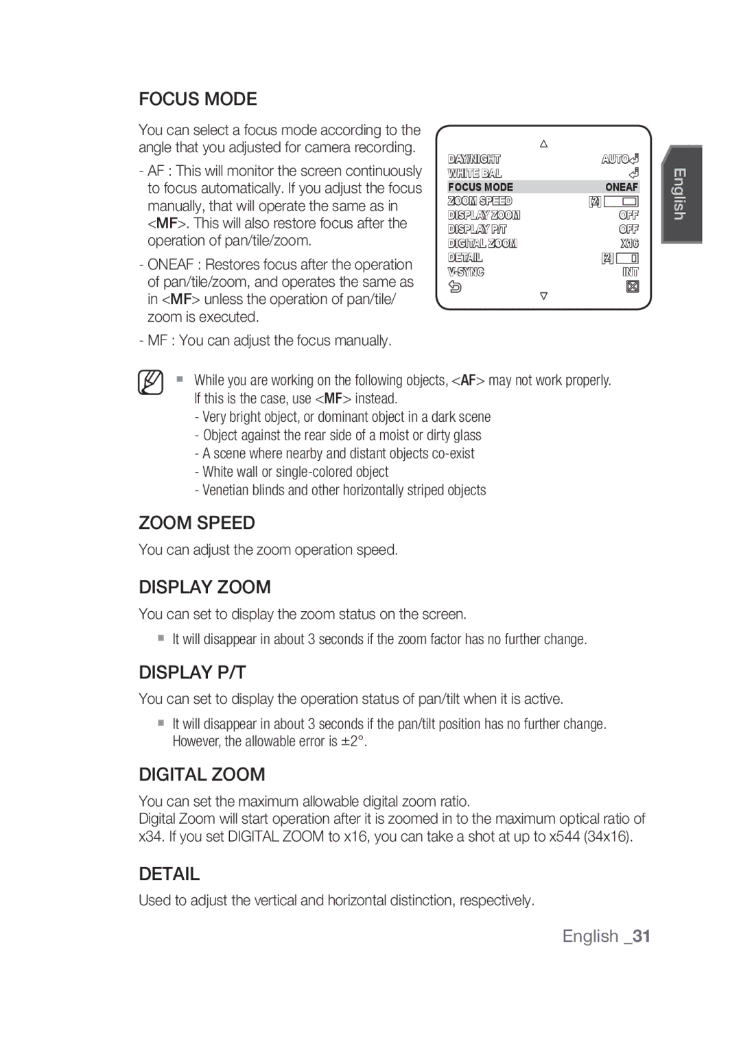 Samsung SCC-C7439P manual Zoom Speed, Display Zoom, Display P/T, Digital Zoom, Detail 