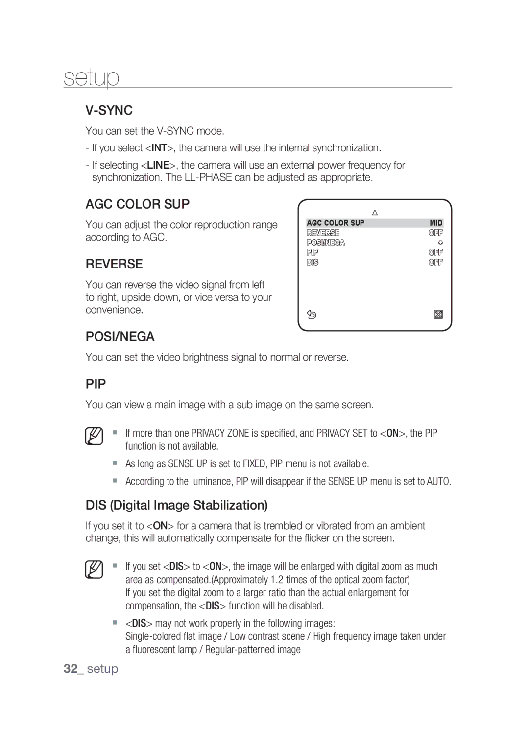 Samsung SCC-C7439P manual Sync, AGC Color SUP, Reverse, Posi/Nega, Pip 