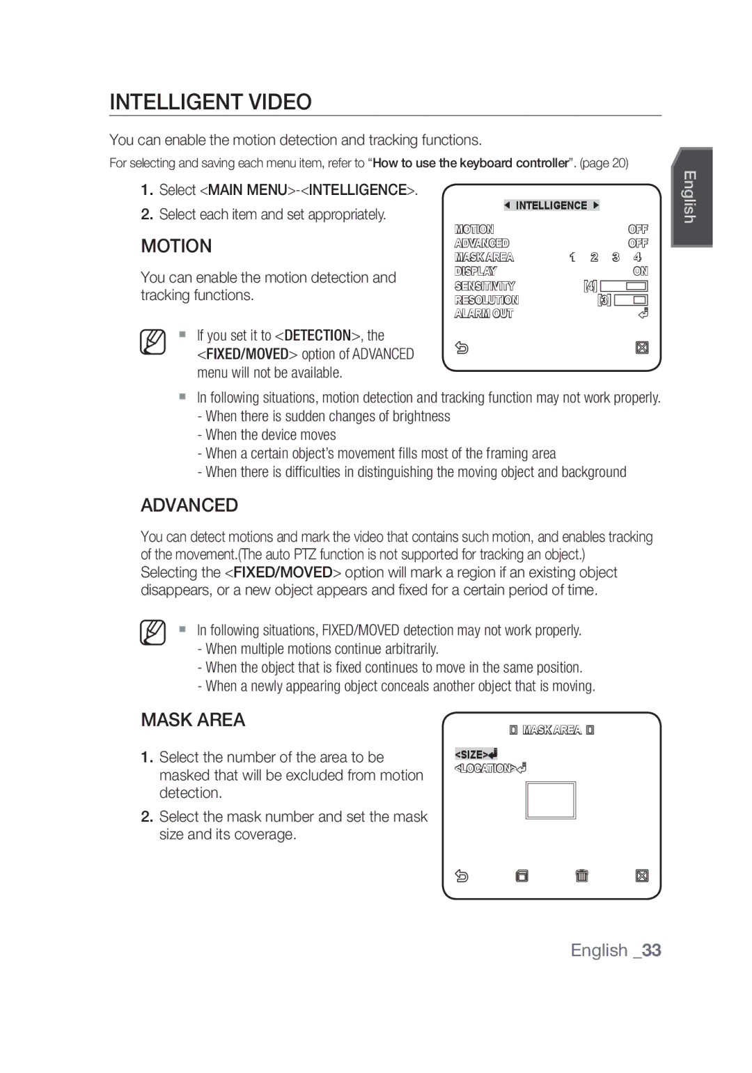 Samsung SCC-C7439P Intelligent Video, Advanced, Mask Area, You can enable the motion detection and tracking functions 