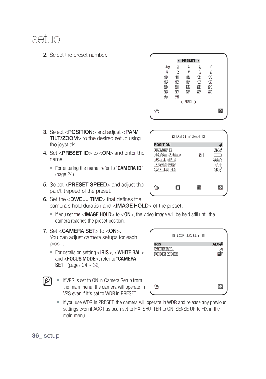 Samsung SCC-C7439P manual TILT/ZOOM to the desired setup using, Joystick, Set Preset ID to on and enter, Name 