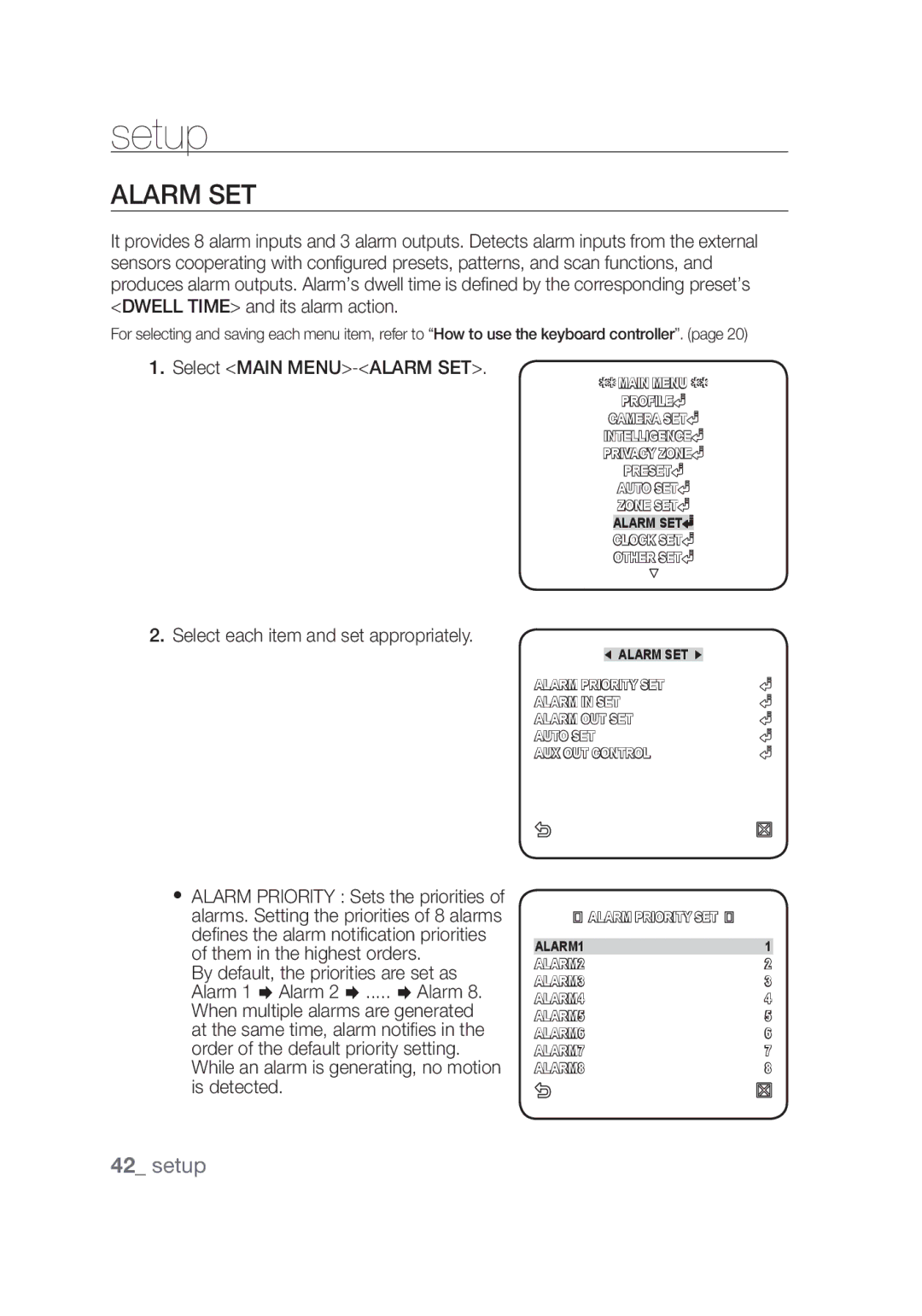 Samsung SCC-C7439P manual Alarm SET, Select Main MENU-ALARM SET 