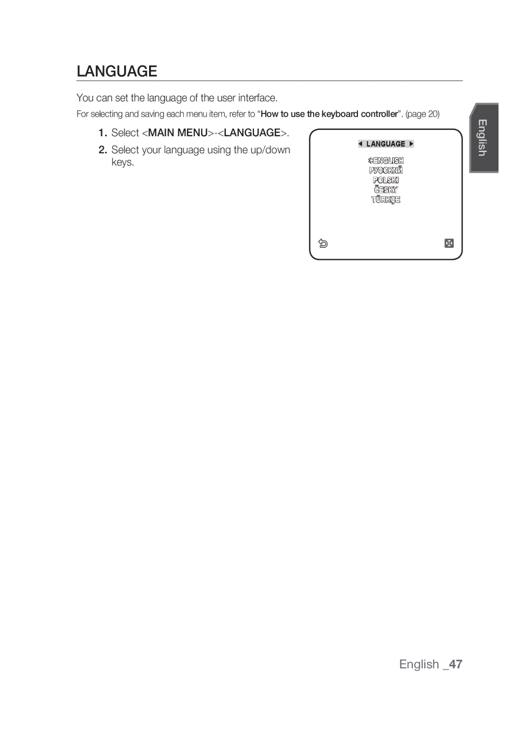 Samsung SCC-C7439P manual Language, You can set the language of the user interface 