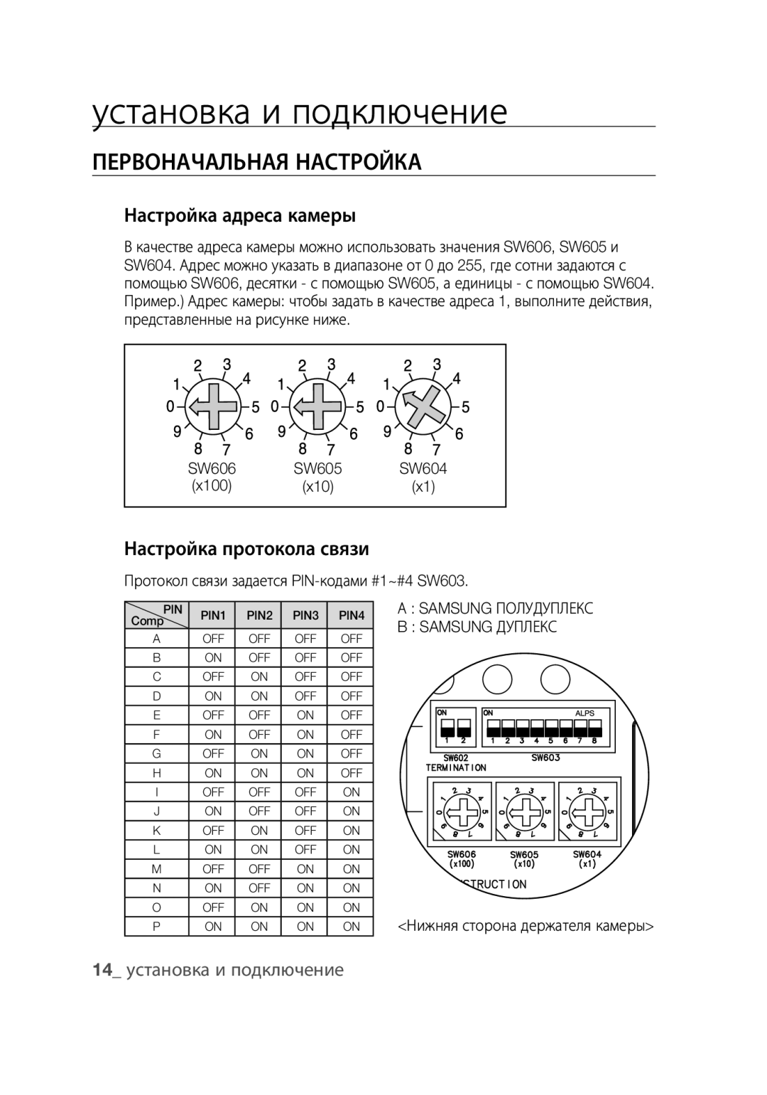 Samsung SCC-C7439P manual Первоначальная НАСТРОйКА, Настройка адреса камеры, Настройка протокола связи 