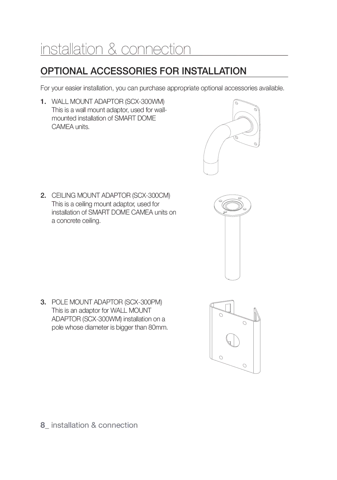 Samsung SCC-C7439P manual Installation & connection, Optional Accessories for Installation,  installation & connection 