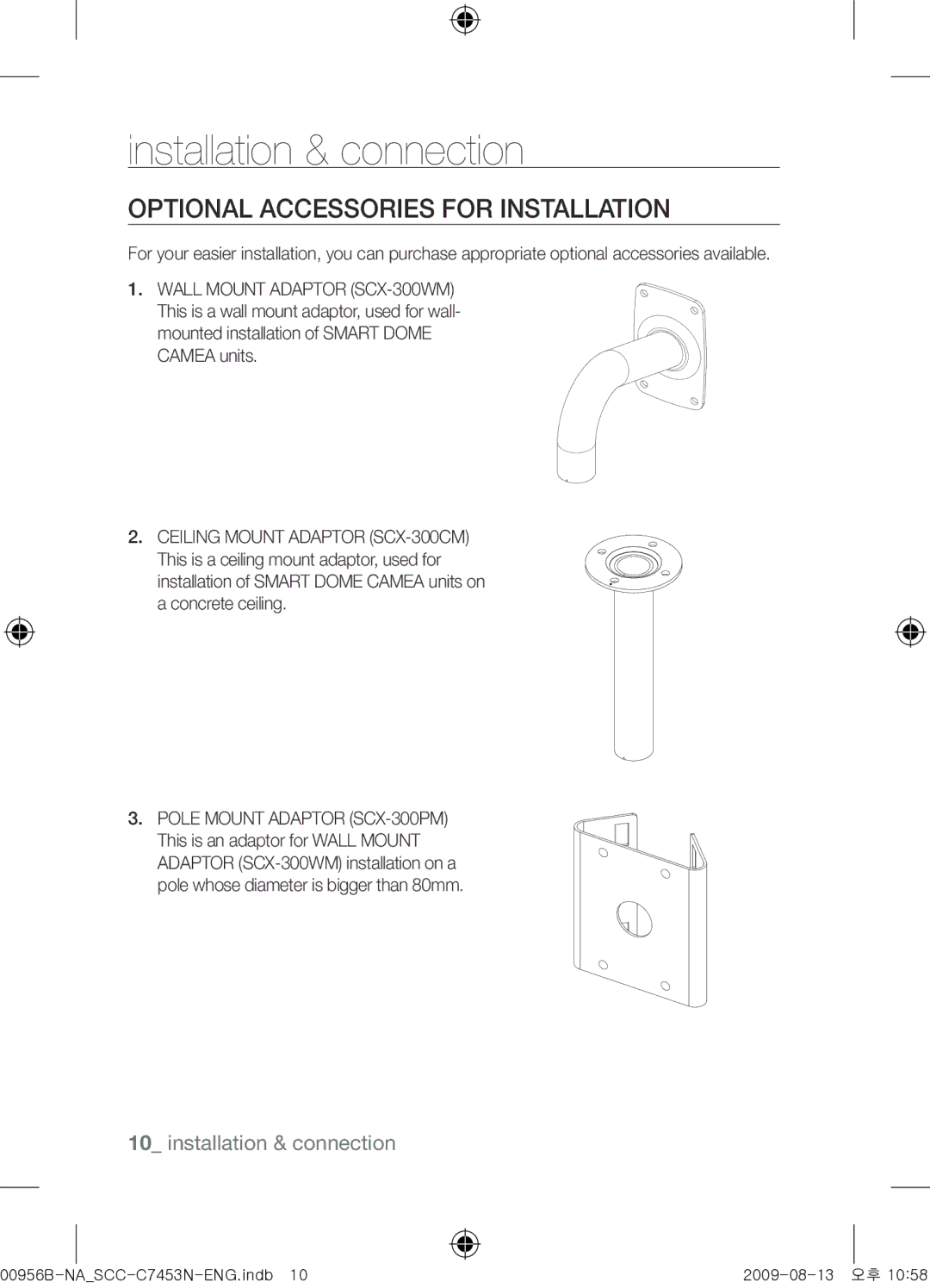 Samsung SCC-C7453N user manual Installation & connection, Optional Accessories for Installation 