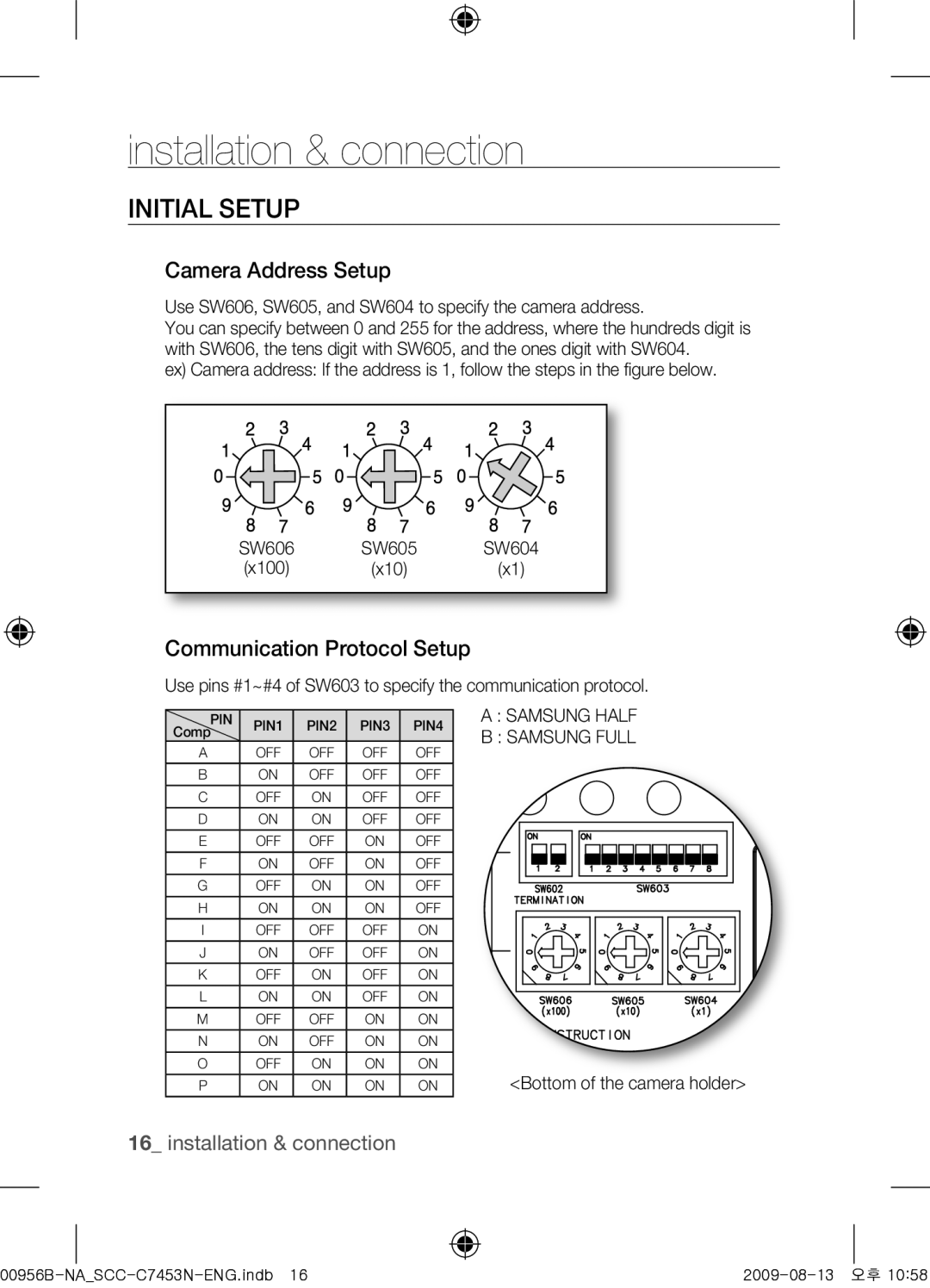 Samsung SCC-C7453N user manual Initial Setup, Camera Address Setup, Communication Protocol Setup, Samsung Half Samsung Full 