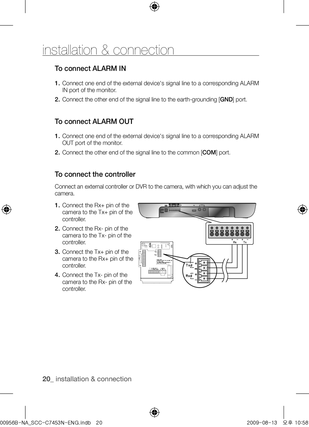 Samsung SCC-C7453N user manual To connect Alarm OUT, To connect the controller 