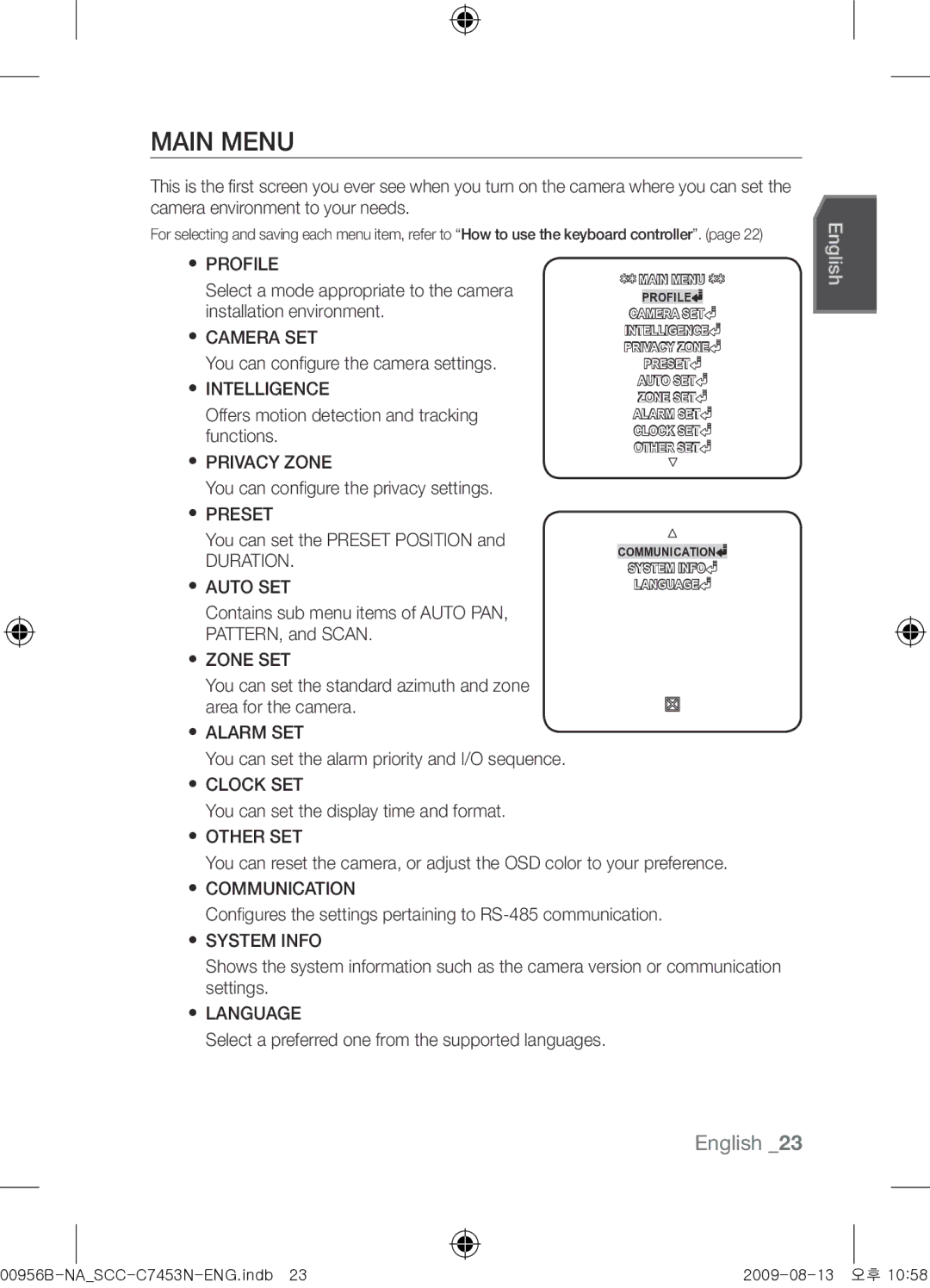 Samsung SCC-C7453N user manual Main Menu 