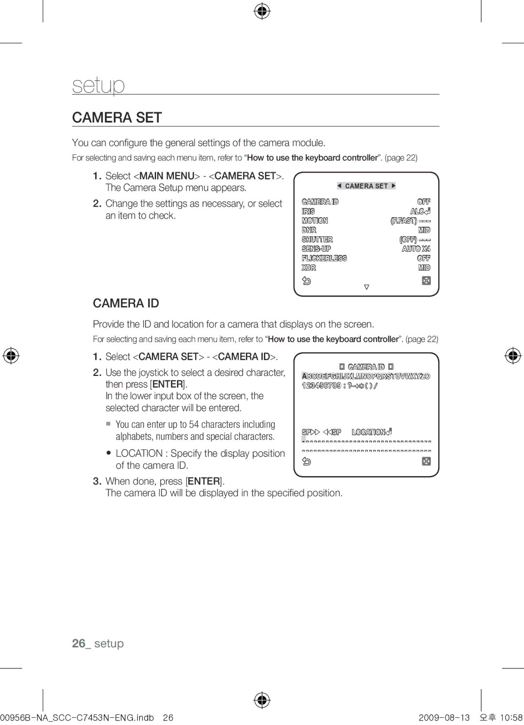 Samsung SCC-C7453N user manual Camera SET, Camera ID, You can configure the general settings of the camera module 