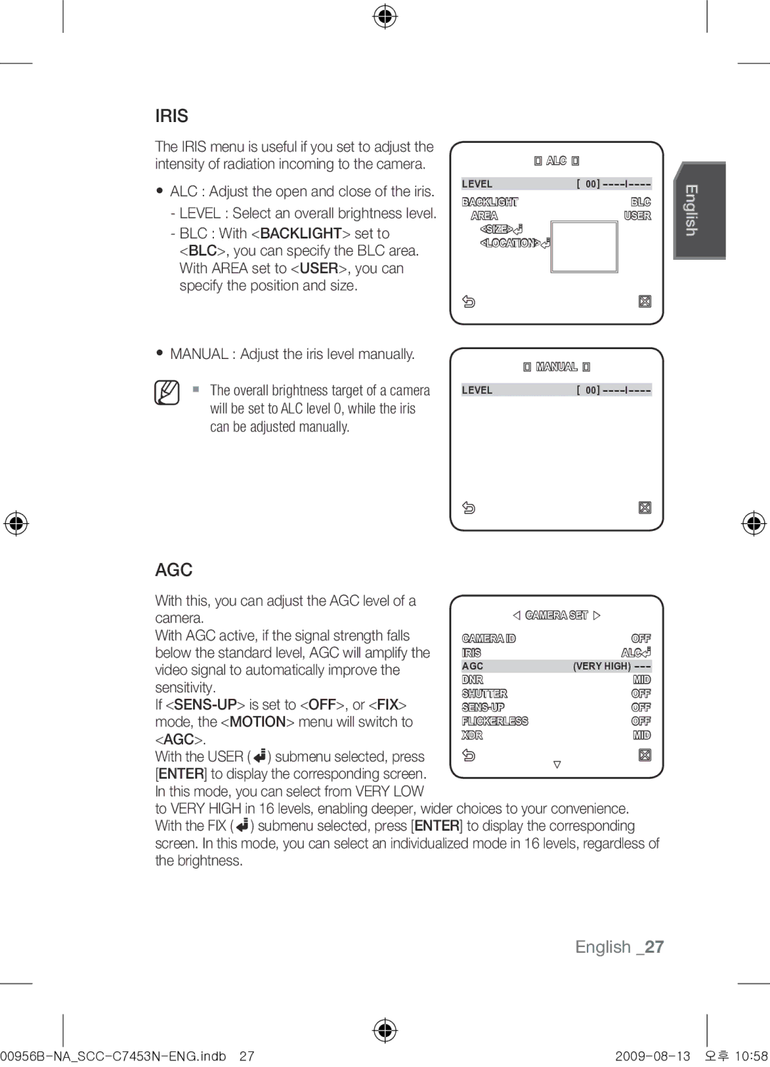 Samsung SCC-C7453N user manual Iris, Agc, BLC With Backlight set to,  Manual Adjust the iris level manually 