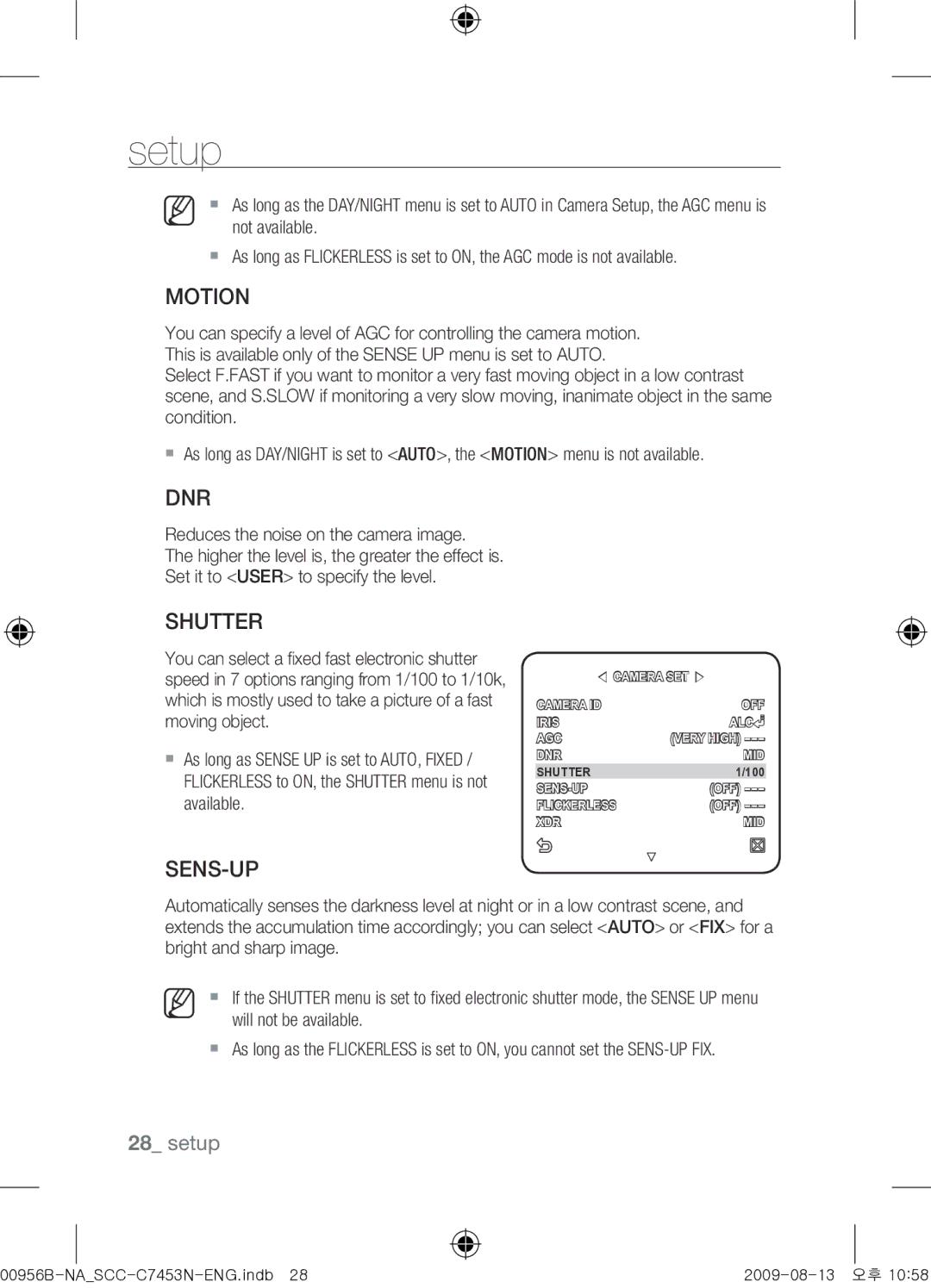 Samsung SCC-C7453N user manual Motion, Dnr, Shutter, Sens-Up, Will not be available 