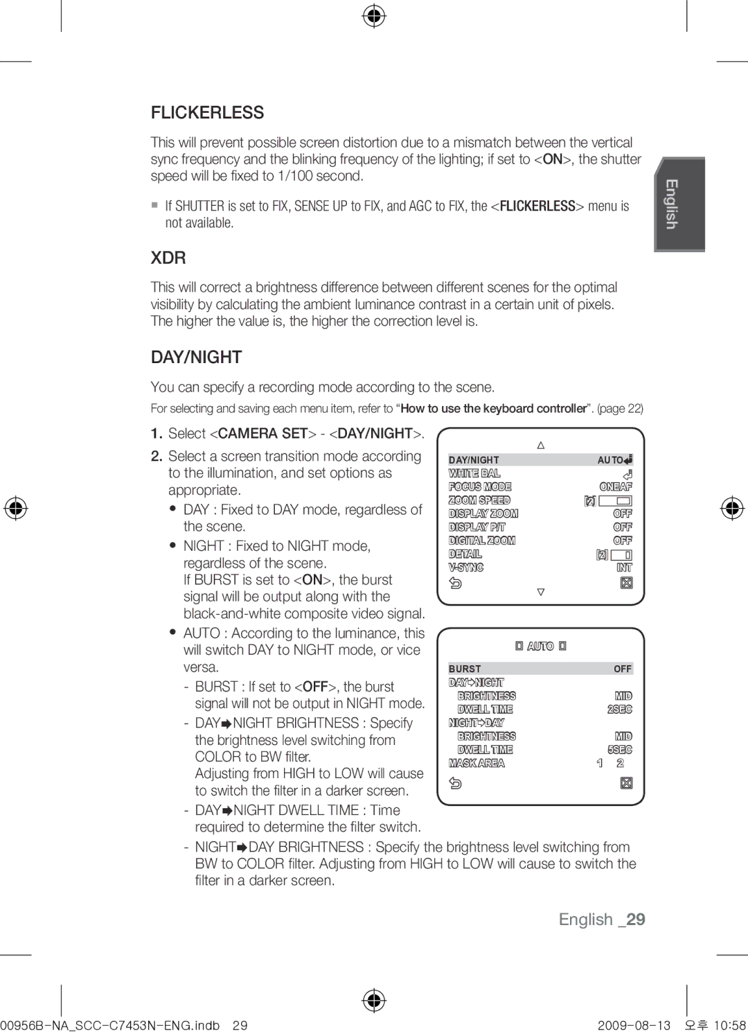 Samsung SCC-C7453N user manual Flickerless, Xdr, Day/Night, You can specify a recording mode according to the scene 