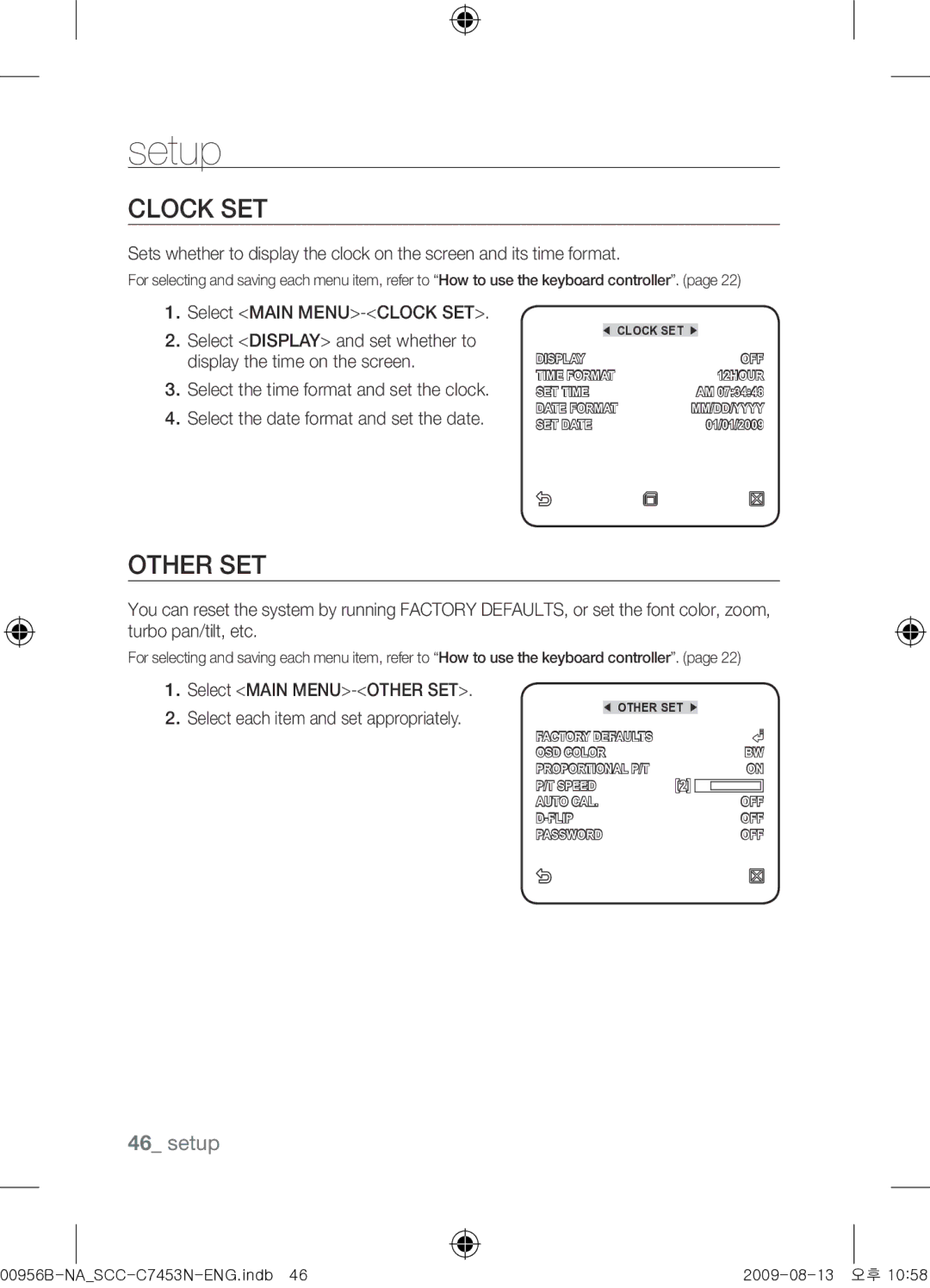 Samsung SCC-C7453N user manual Clock SET, Other SET 