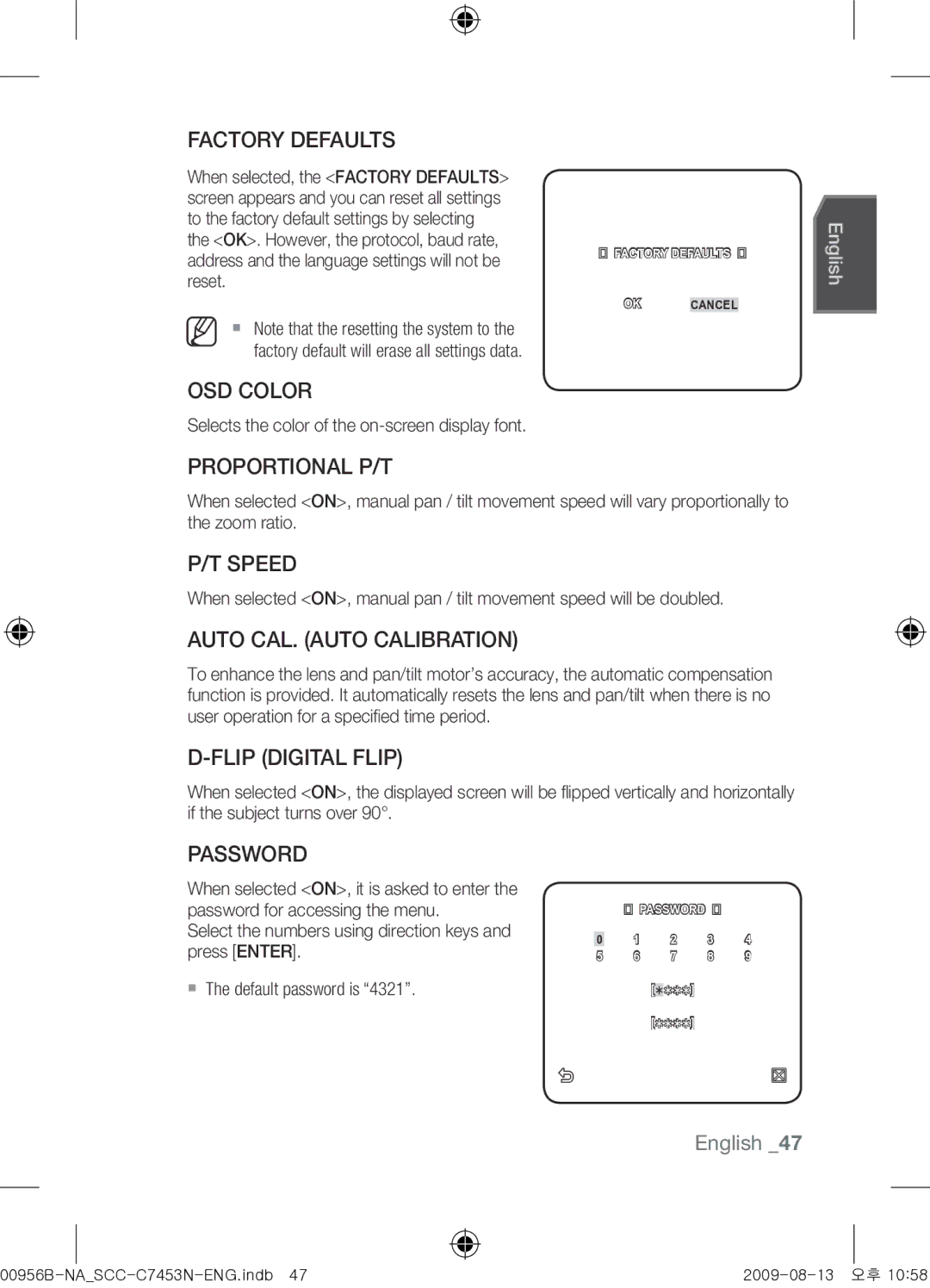 Samsung SCC-C7453N Factory Defaults, OSD Color, Proportional P/T, Speed, Auto CAL. Auto Calibration, Flip Digital Flip 