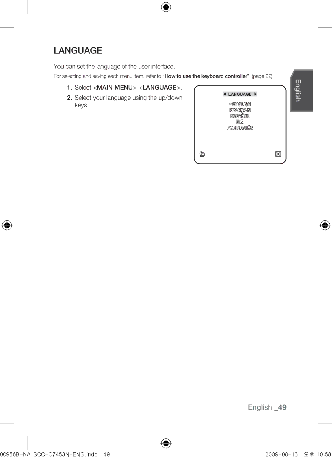 Samsung SCC-C7453N user manual Language, You can set the language of the user interface 