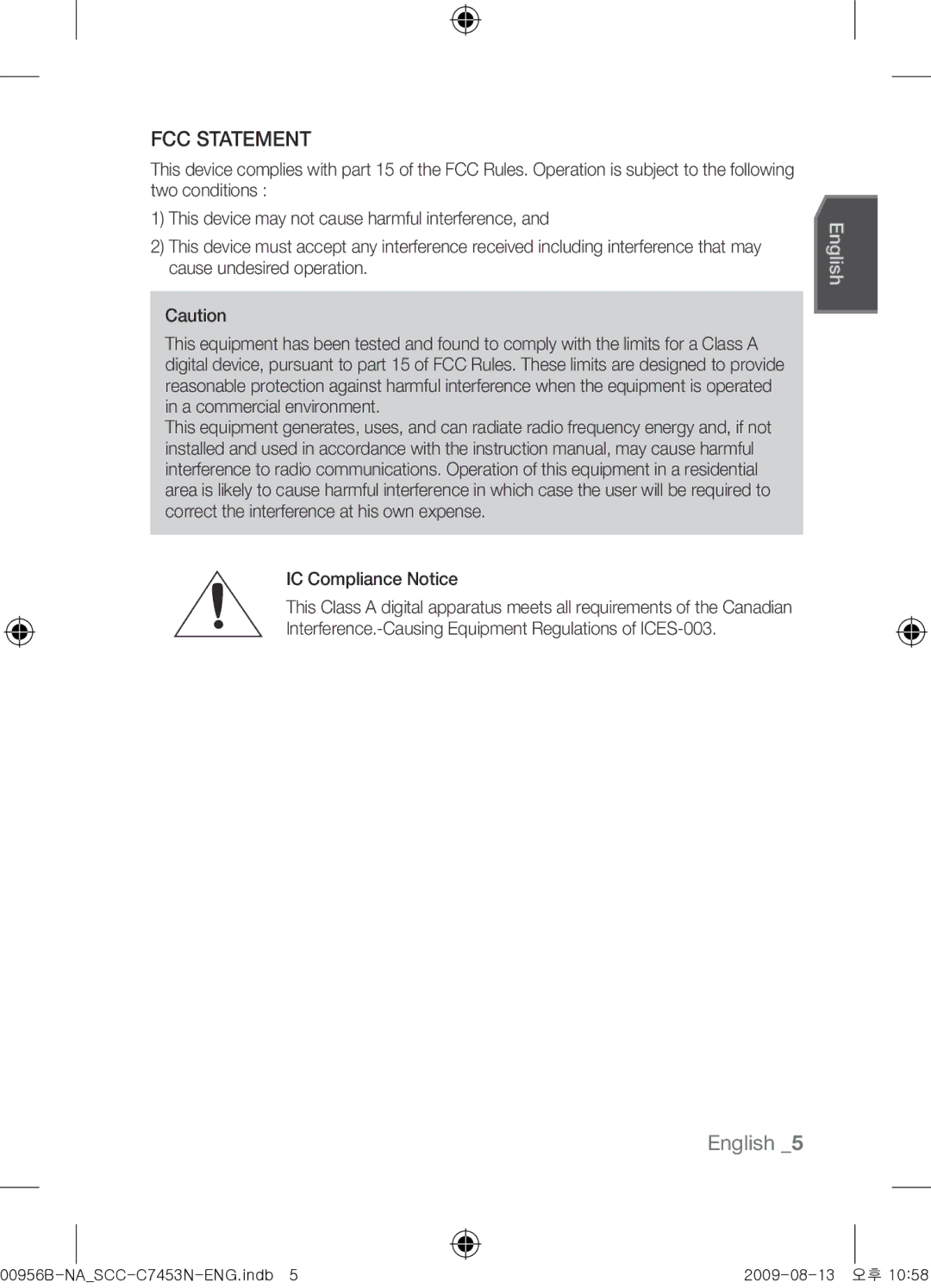 Samsung SCC-C7453N user manual FCC Statement 