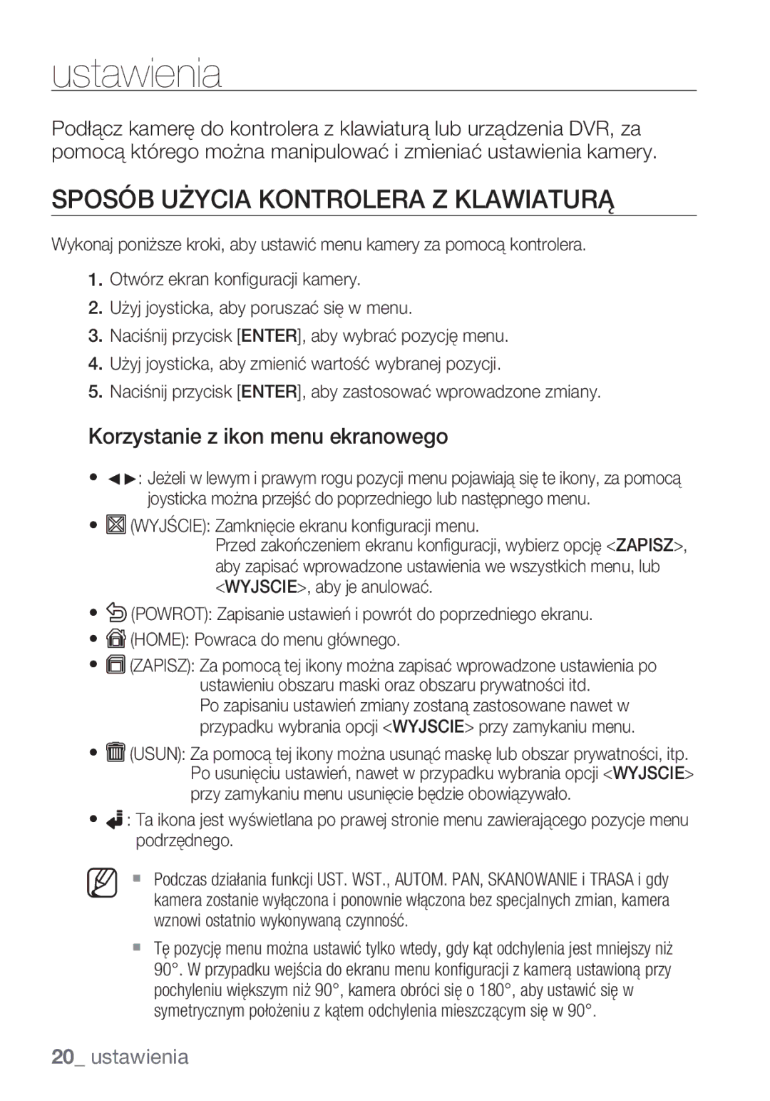 Samsung SCC-C7453P manual Ustawienia, Sposób Użycia Kontrolera Z Klawiaturą, Korzystanie z ikon menu ekranowego 