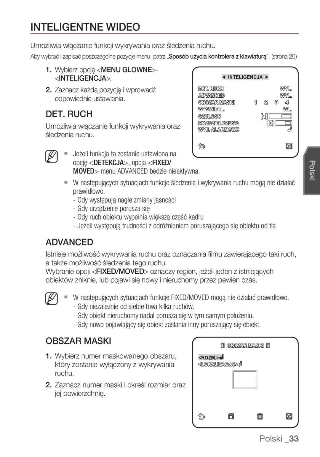 Samsung SCC-C7453P manual Inteligentne Wideo, DET. Ruch, Obszar Maski, Wybierz opcję Menu GLOWNE- Inteligencja 