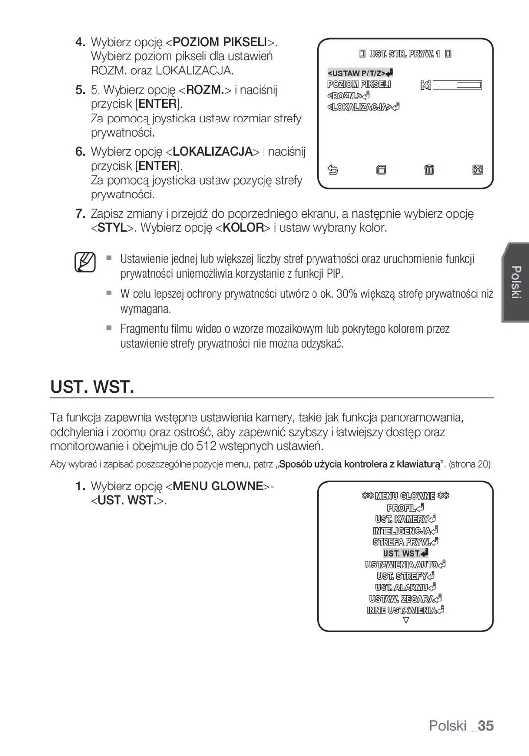 Samsung SCC-C7453P manual Ust. Wst, Wybierz opcję Menu GLOWNE- UST. WST 