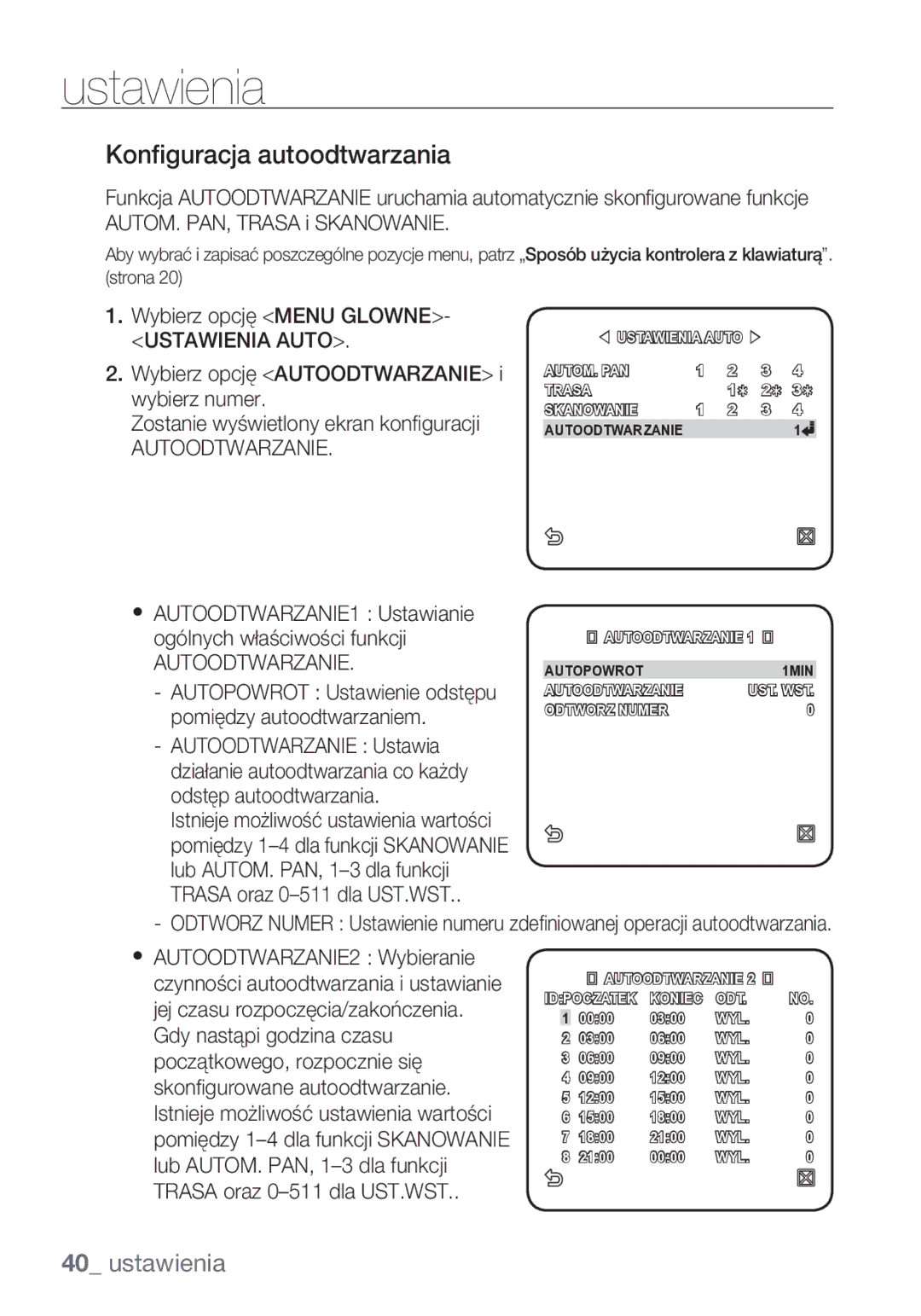 Samsung SCC-C7453P manual Konfiguracja autoodtwarzania, Autoodtwarzanie 