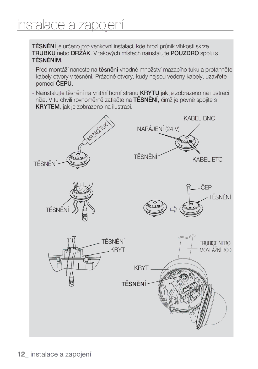 Samsung SCC-C7453P manual Těsněním, Kabel BNC Napájení 24 Těsnění, ČEP Těsnění, Kryt Těsnění 