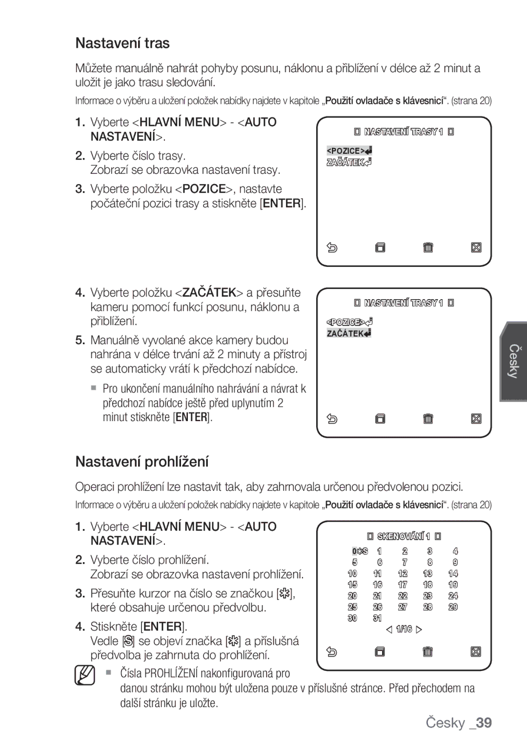 Samsung SCC-C7453P manual Nastavení tras, Nastavení prohlížení 