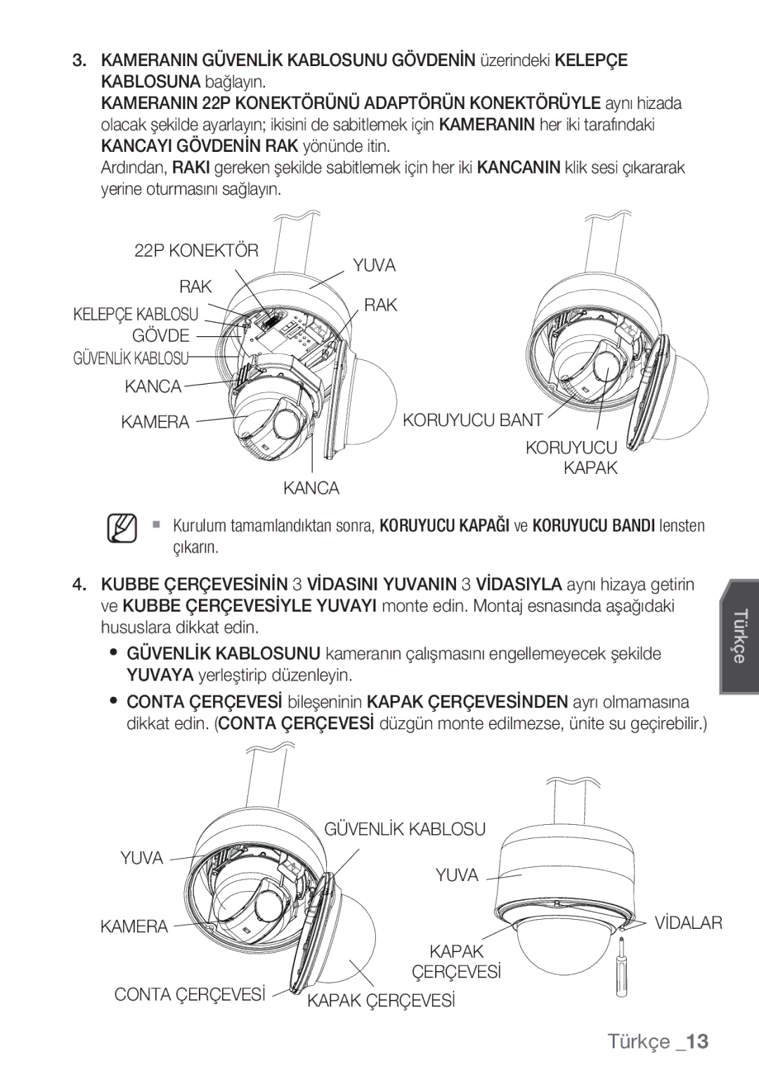 Samsung SCC-C7453P 22P Konektör RAK Yuva, Gövde, Kanca Kamera, Koruyucu Kapak Kanca, Güvenlİk Kablosu, Conta Çerçevesİ 