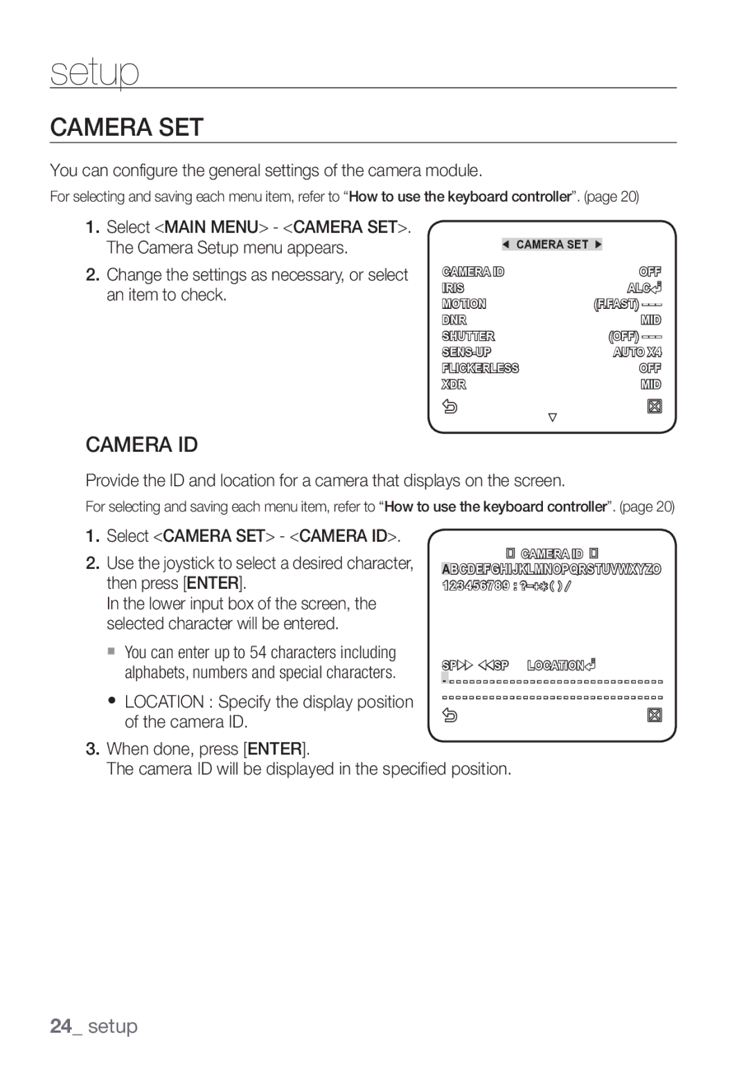 Samsung SCC-C7453P manual Camera SET, Camera ID, You can configure the general settings of the camera module 