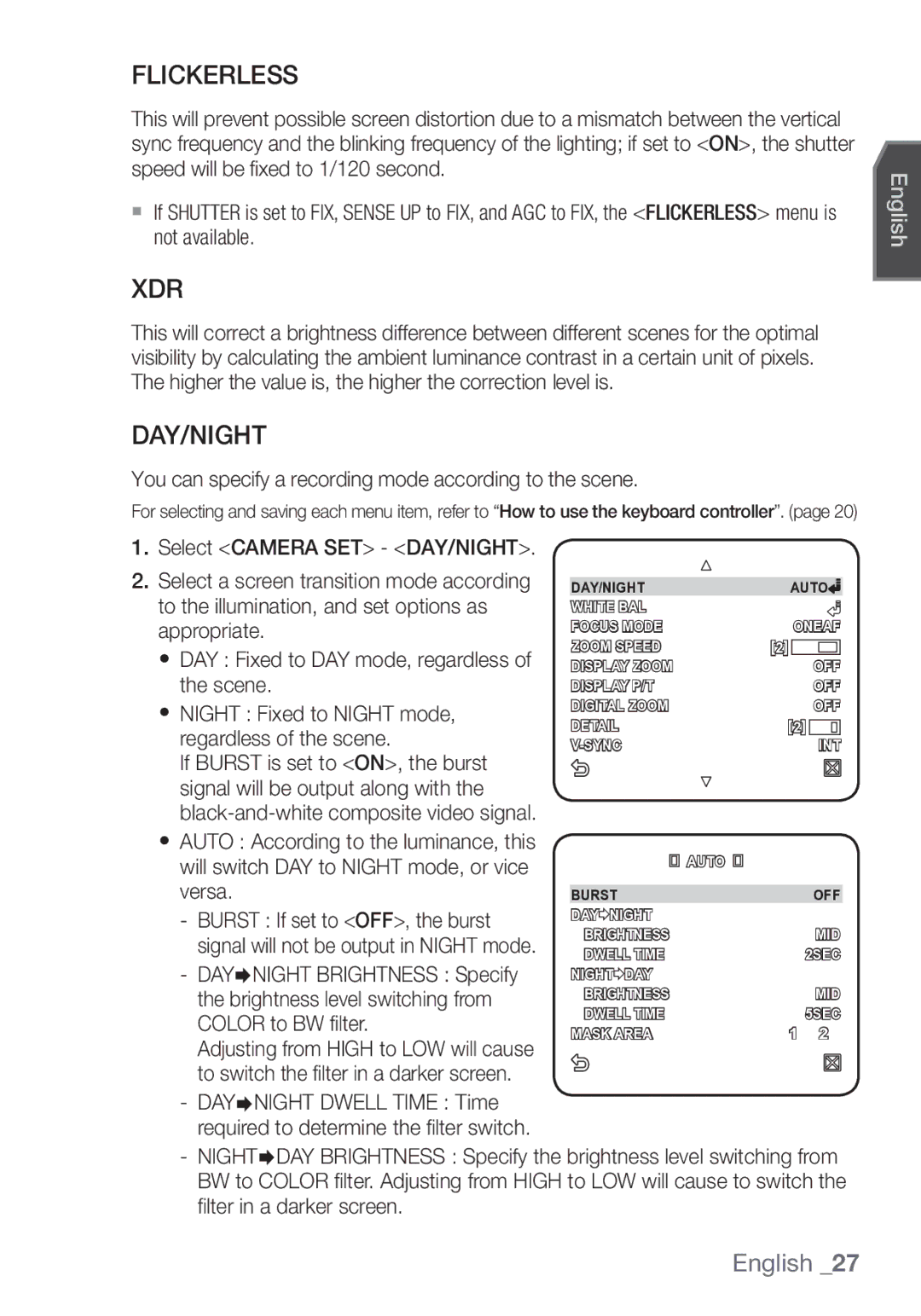 Samsung SCC-C7453P manual Flickerless, Xdr, Day/Night, You can specify a recording mode according to the scene 