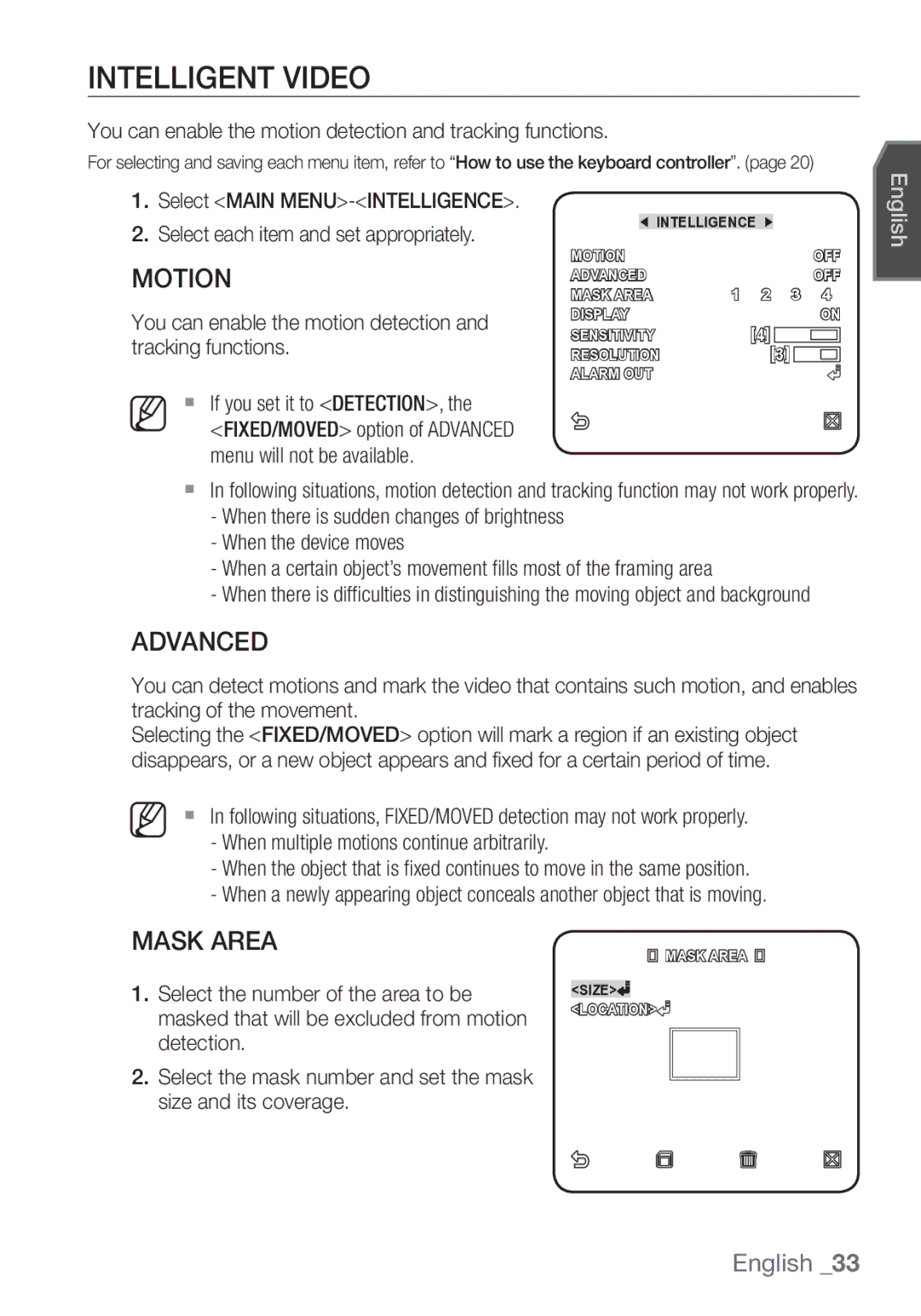 Samsung SCC-C7453P manual Intelligent Video, Advanced, Mask Area 