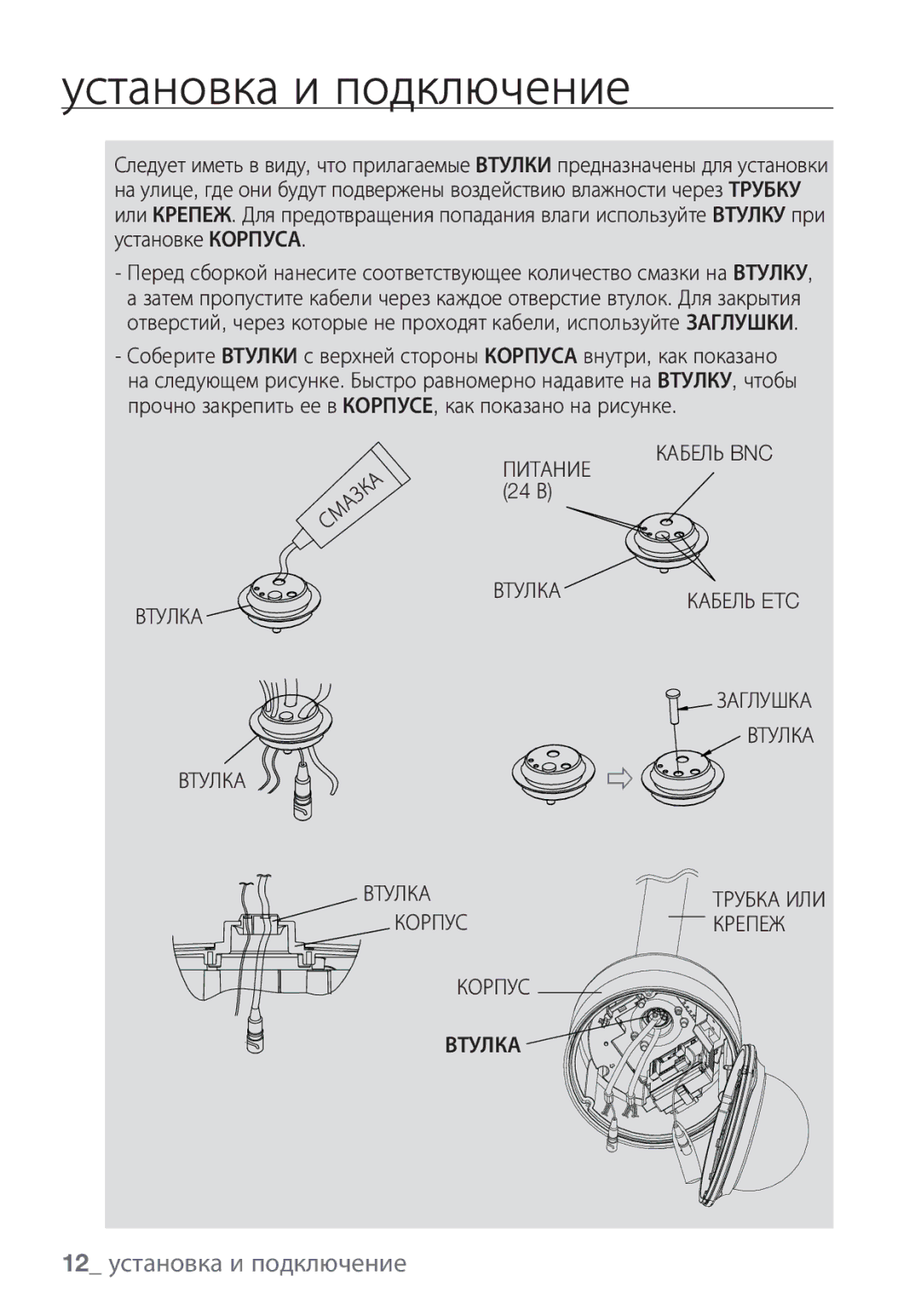 Samsung SCC-C7453P manual 12 установка и подключение, Втулка Кабель BNC, Заглушка Втулка, Корпус Крепеж Втулка 