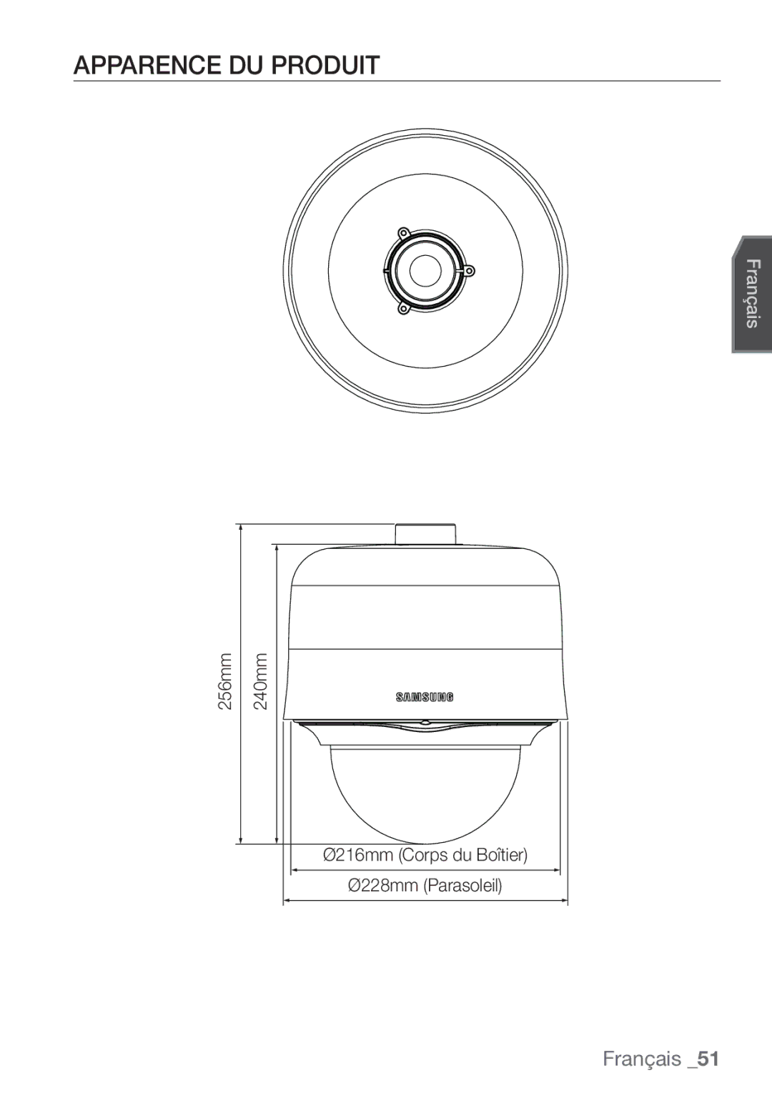 Samsung SCC-C7453P manual Apparence DU Produit, Ø216mm Corps du Boîtier Ø228mm Parasoleil 