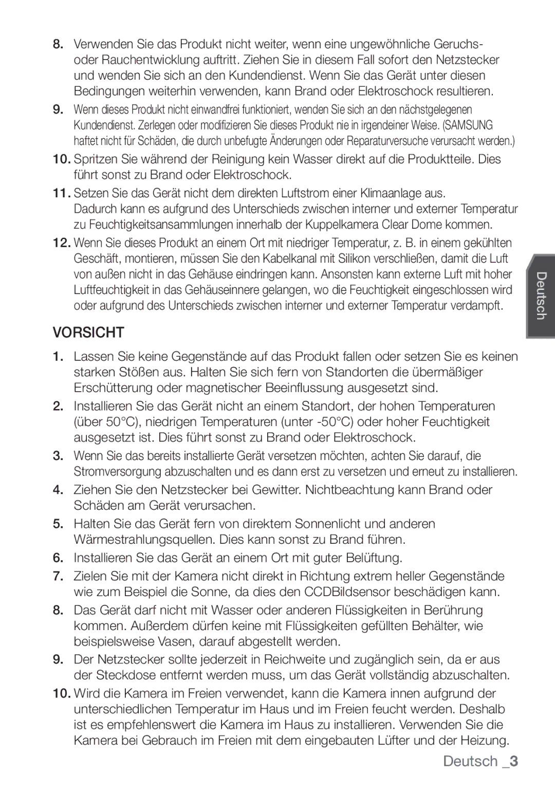 Samsung SCC-C7453P manual Vorsicht, Installieren Sie das Gerät an einem Ort mit guter Belüftung 