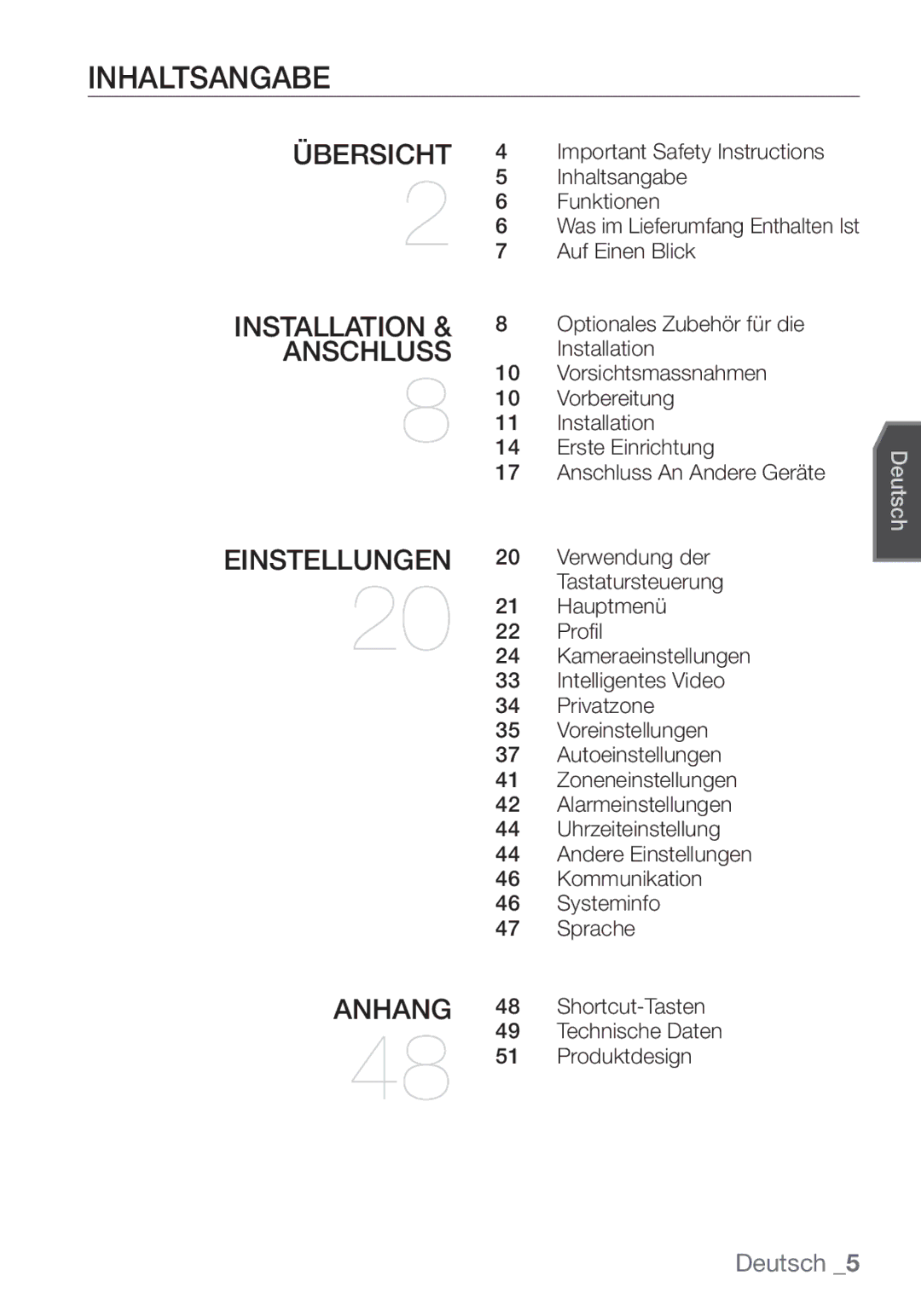 Samsung SCC-C7453P manual Inhaltsangabe, Einstellungen 