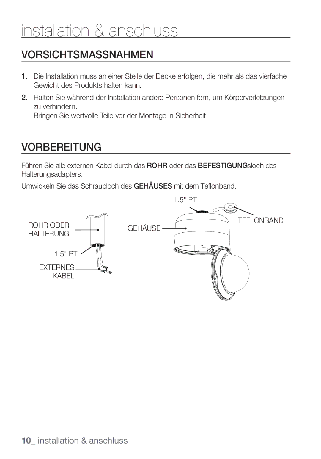 Samsung SCC-C7453P manual Vorsichtsmassnahmen, Vorbereitung, Gehäuse, Externes Kabel 