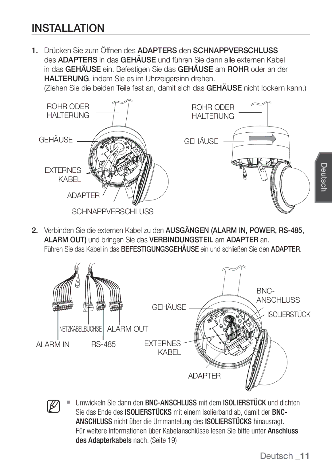 Samsung SCC-C7453P manual Rohr Oder, Halterung, Gehäuse Externes Kabel Adapter Schnappverschluss, Bnc, Anschluss 