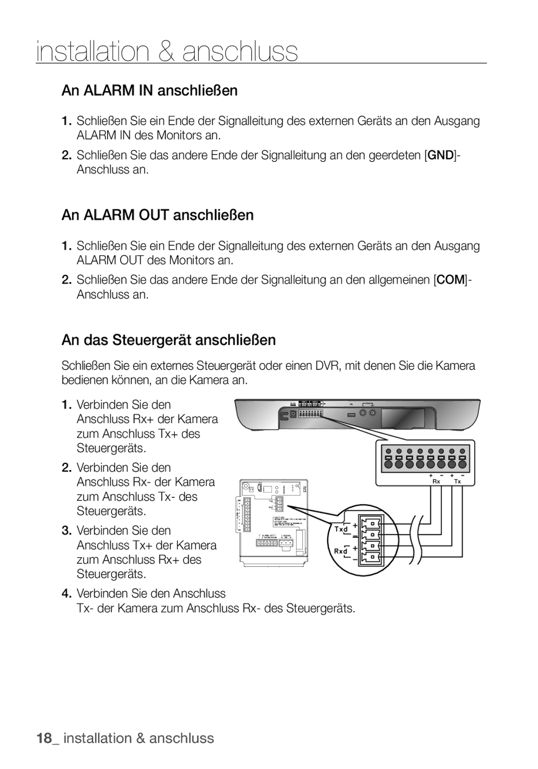 Samsung SCC-C7453P manual An Alarm in anschließen, An Alarm OUT anschließen, An das Steuergerät anschließen 