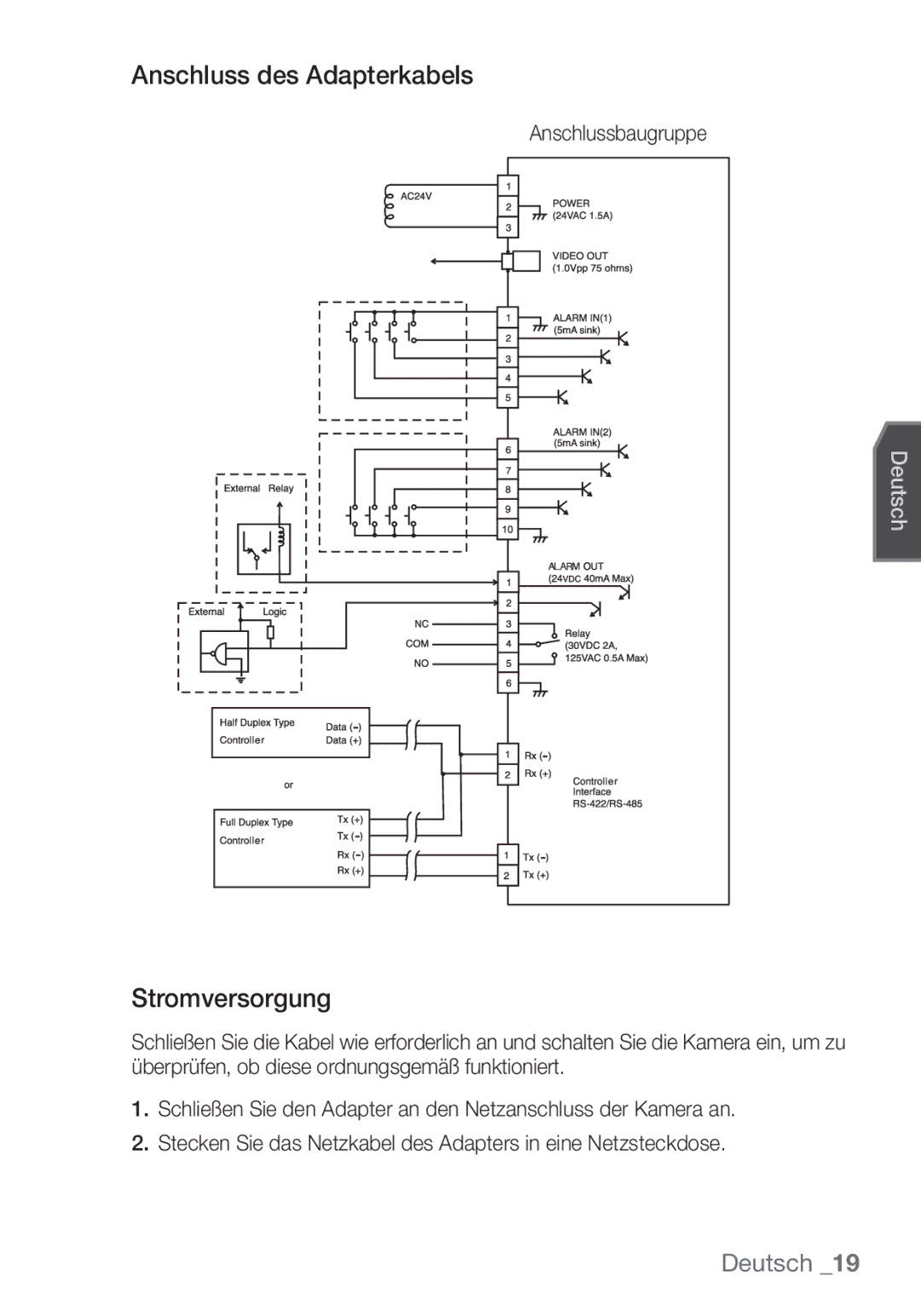 Samsung SCC-C7453P manual Anschluss des Adapterkabels, Stromversorgung, Anschlussbaugruppe 