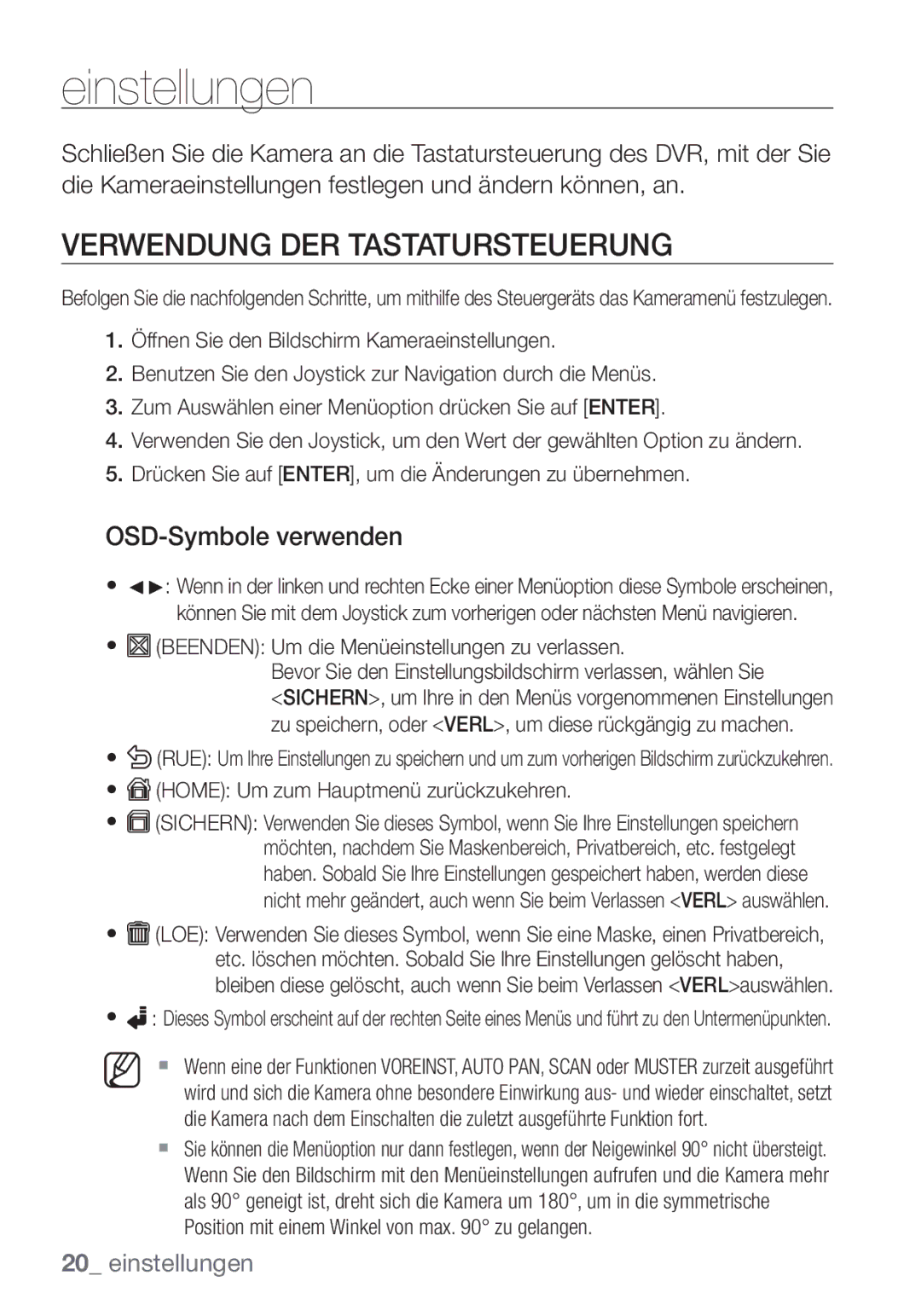 Samsung SCC-C7453P manual Einstellungen, Verwendung DER Tastatursteuerung, OSD-Symbole verwenden 