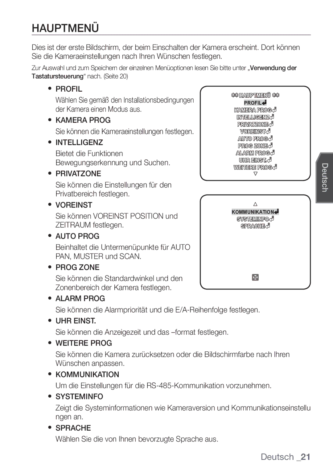 Samsung SCC-C7453P manual Hauptmenü, Voreinst Sie können Voreinst Position und, Zeitraum festlegen 