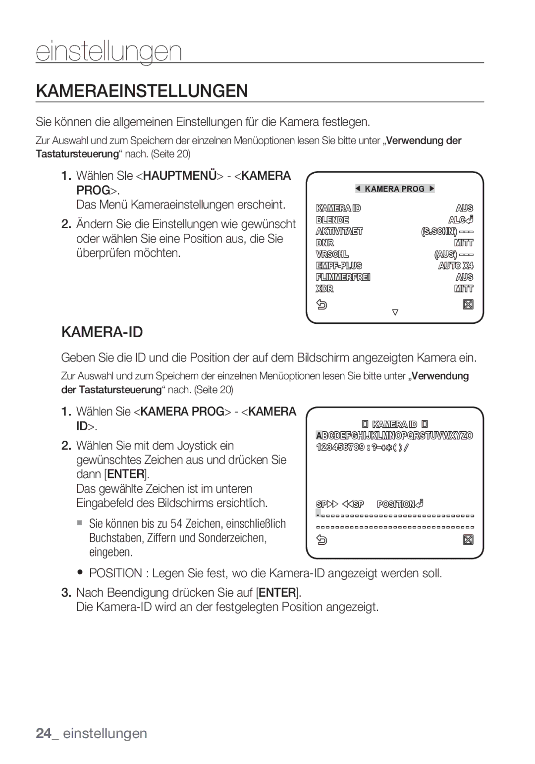 Samsung SCC-C7453P manual Kameraeinstellungen, Kamera-Id 