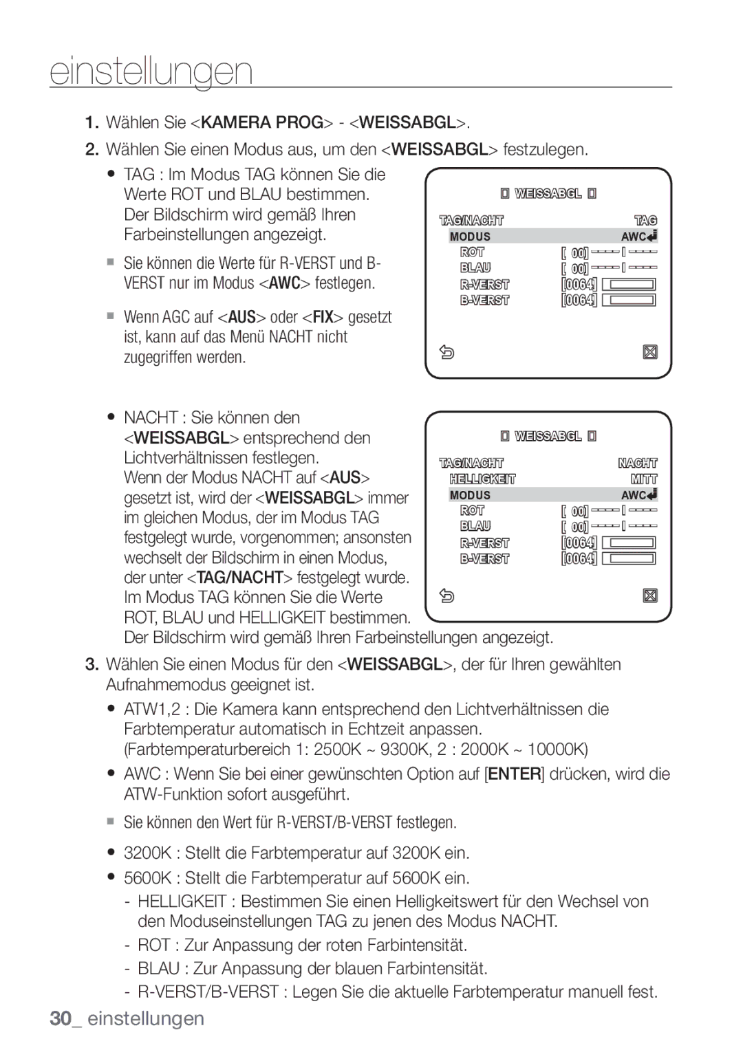 Samsung SCC-C7453P manual Nacht Sie können den Weissabgl entsprechend den, Lichtverhältnissen festlegen 