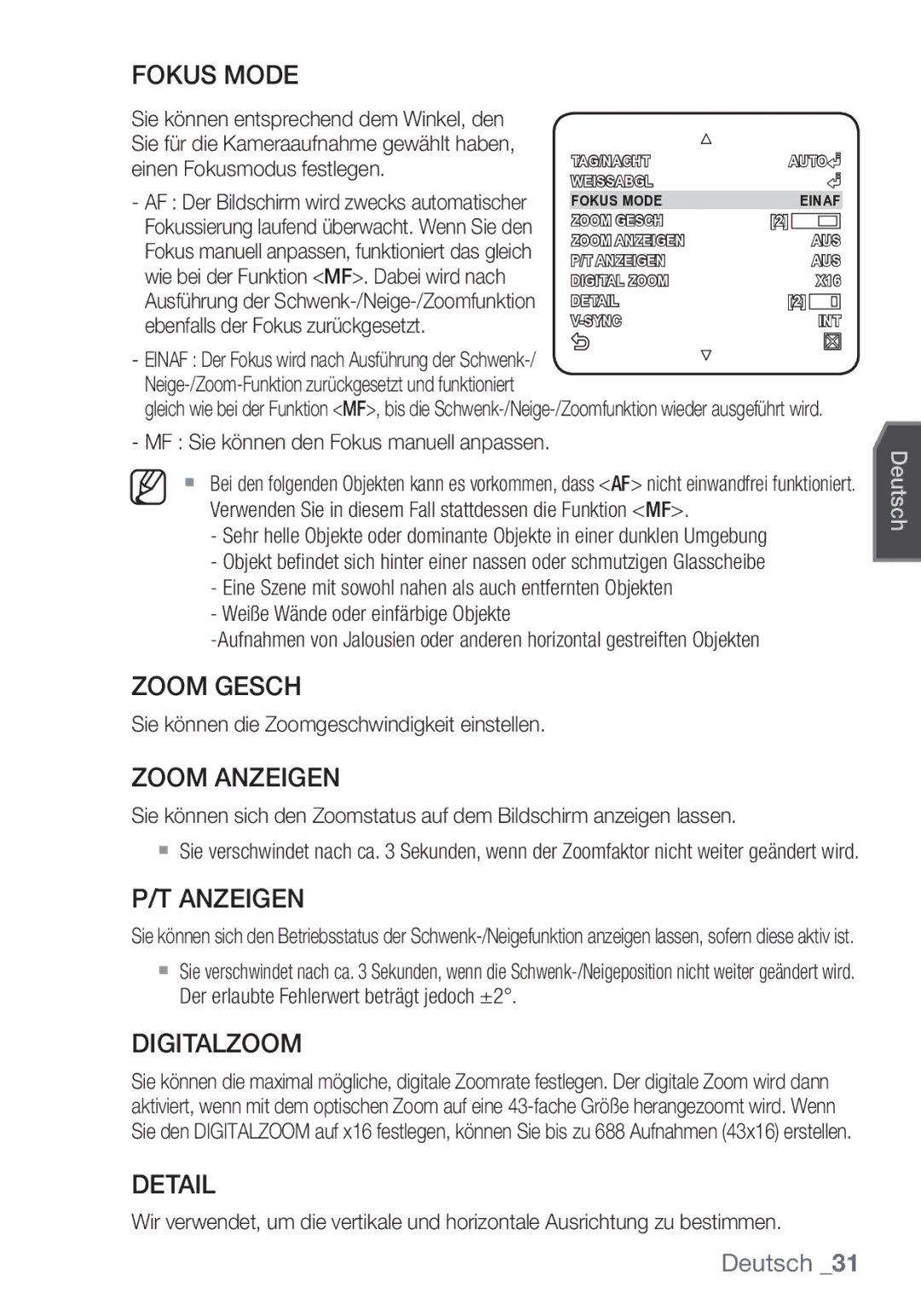 Samsung SCC-C7453P manual Fokus Mode, Zoom Gesch, Zoom Anzeigen, Digitalzoom 