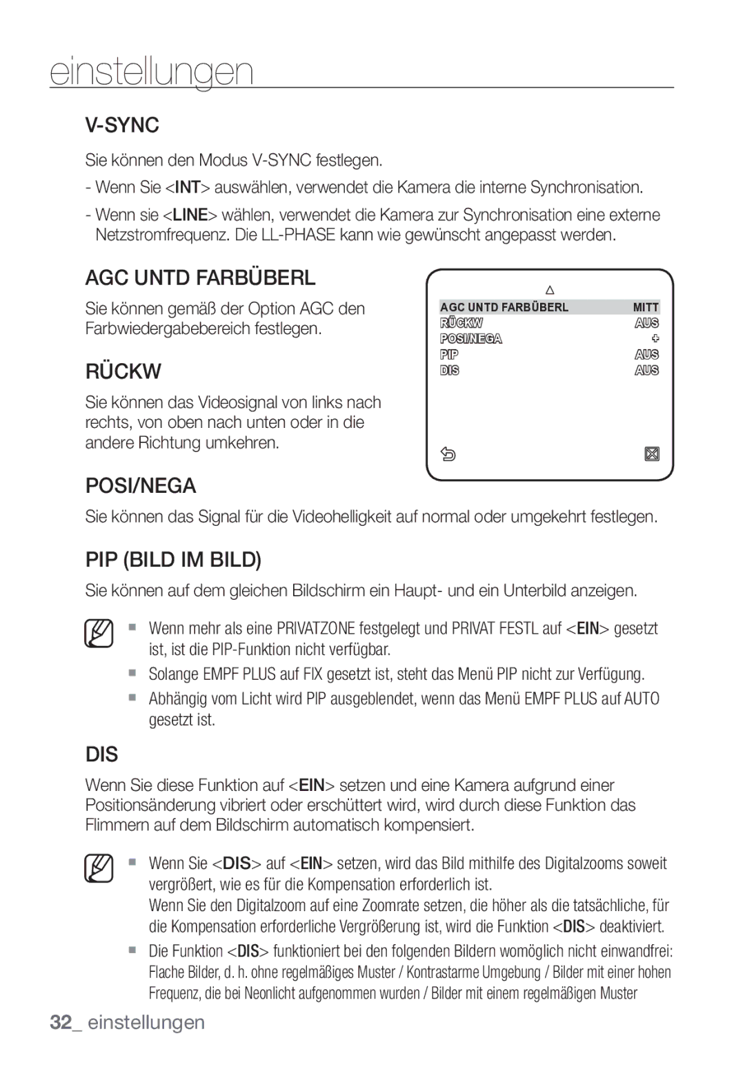 Samsung SCC-C7453P manual AGC Untd Farbüberl, Rückw, PIP Bild IM Bild 