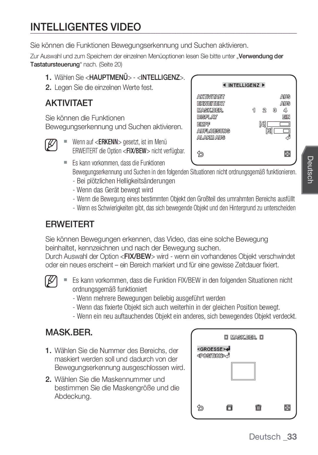 Samsung SCC-C7453P manual Intelligentes Video, Erweitert, Mask.Ber, Legen Sie die einzelnen Werte fest 