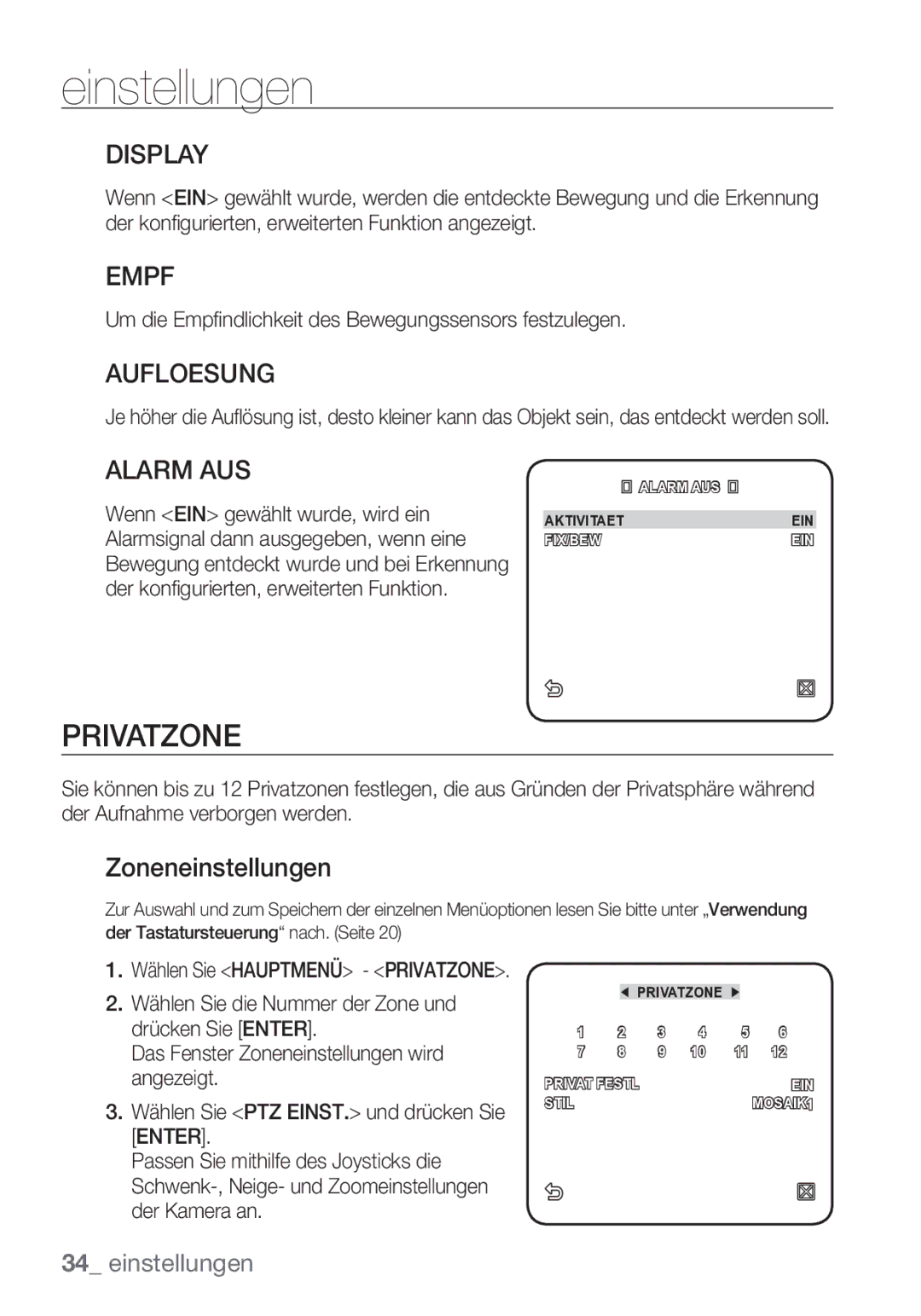 Samsung SCC-C7453P manual Privatzone, Empf, Aufloesung, Alarm AUS, Zoneneinstellungen 